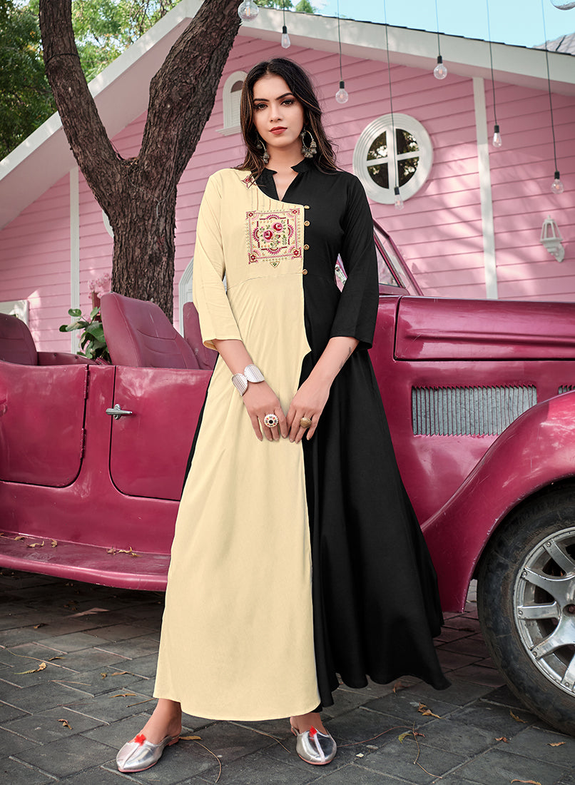 Gorgeous Cream nd Black Rayon Embroidered Designer Kurti