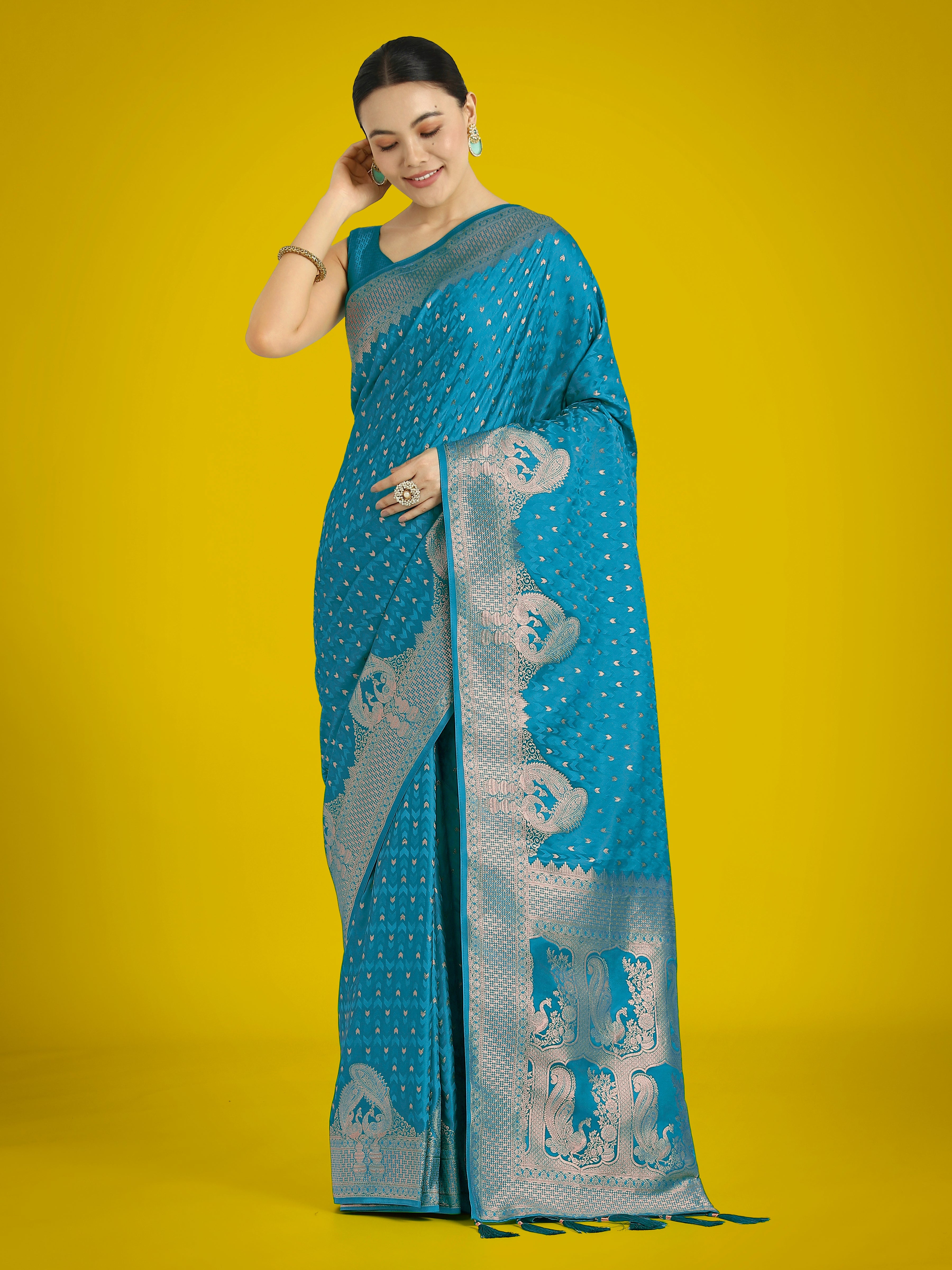 Gorgeous Cyan blue Woven Banarasi Satin Designer Silk Saree