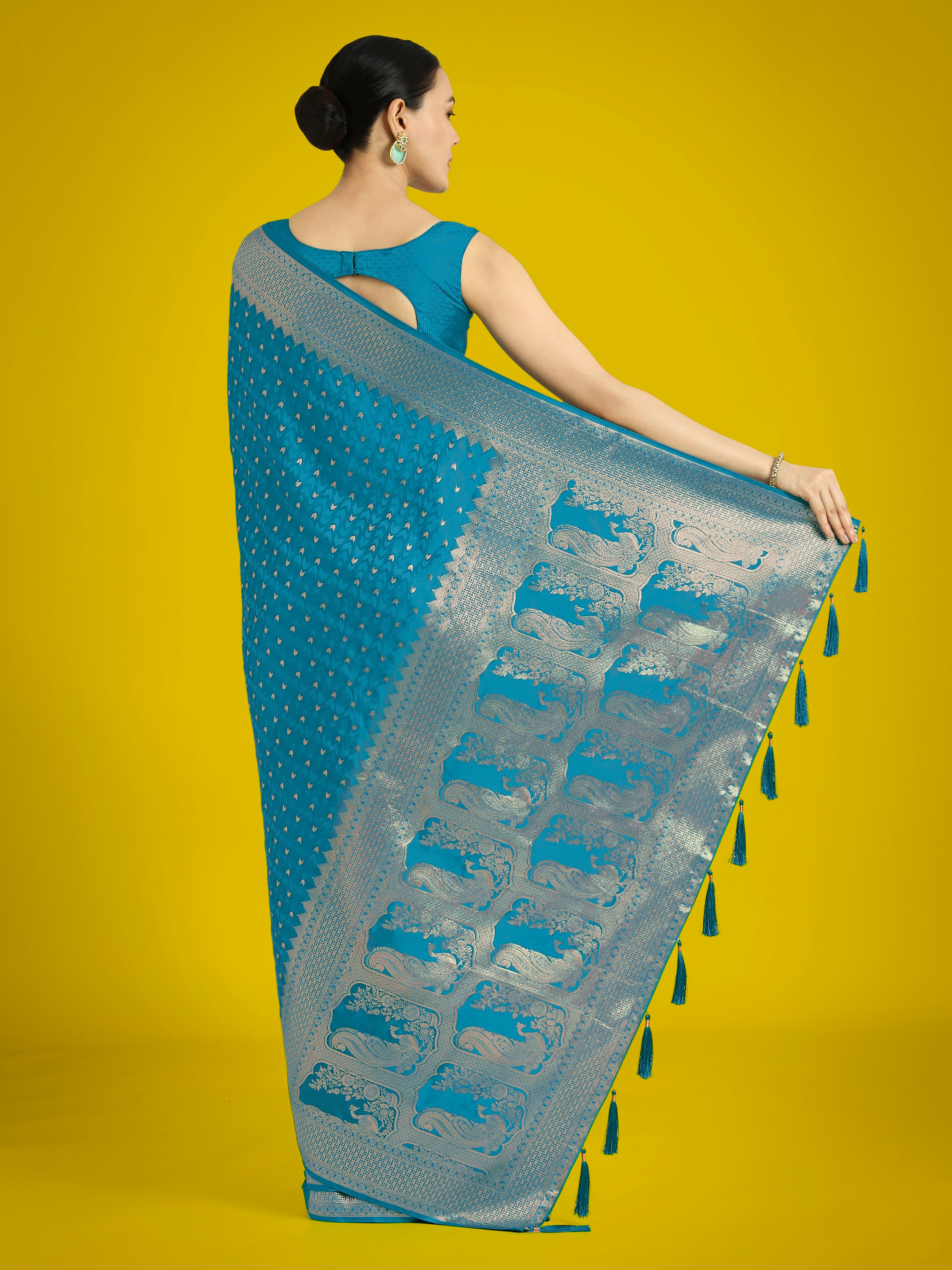 Gorgeous Cyan blue Woven Banarasi Satin Designer Silk Saree