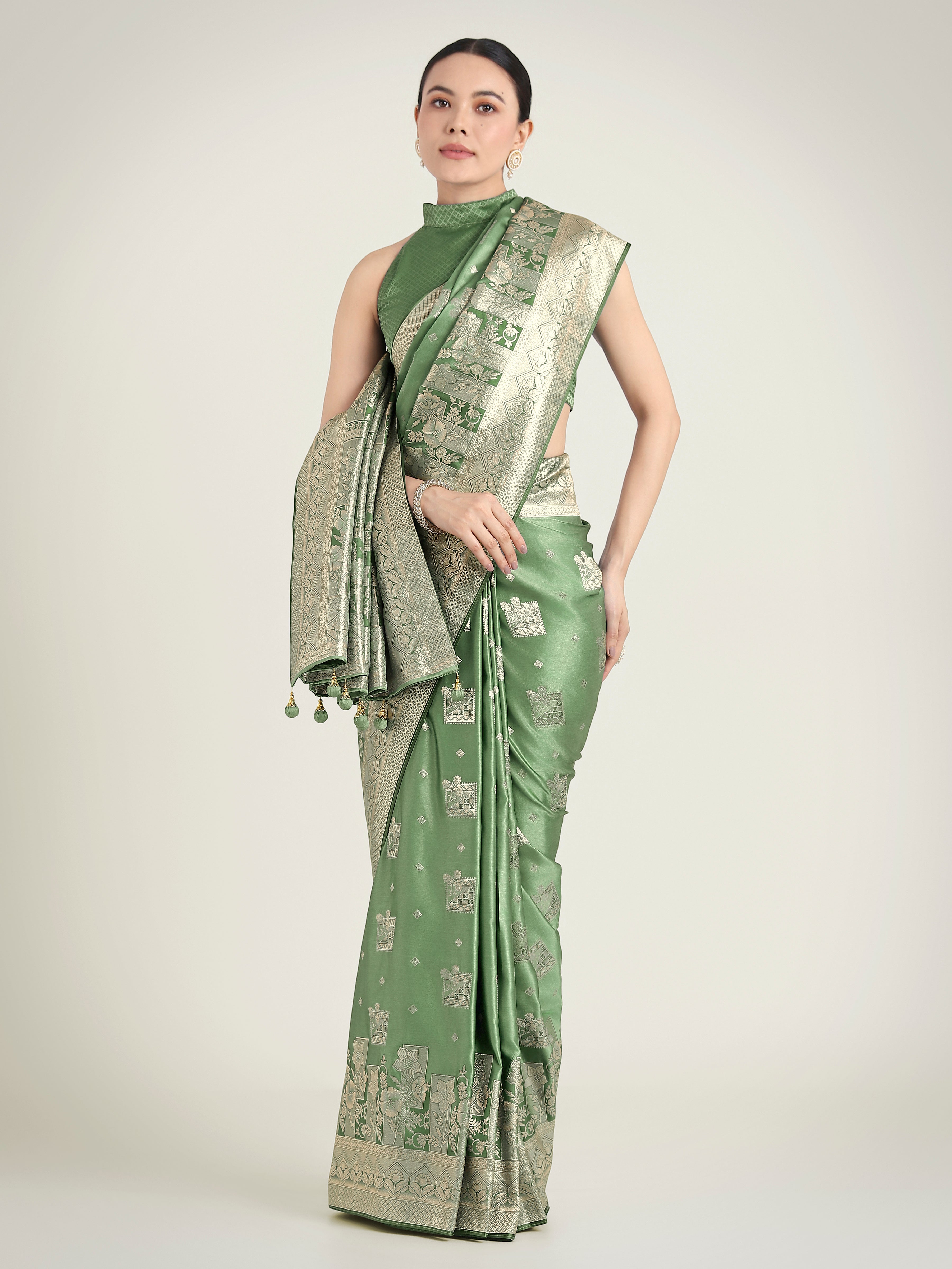 Green Banarasi Satin Silk Zari Weaving Festival Wear Saree