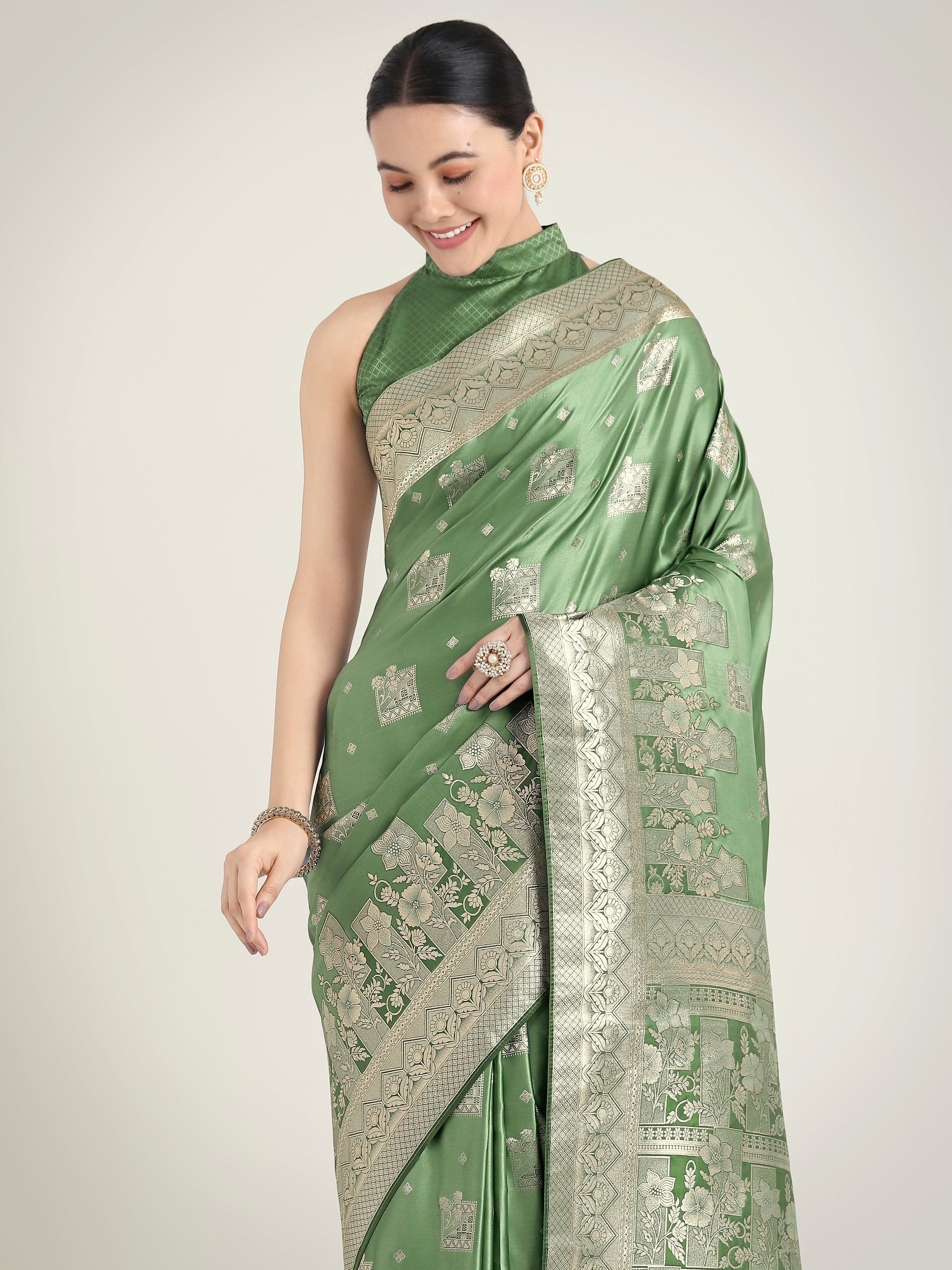 Green Banarasi Satin Silk Zari Weaving Festival Wear Saree