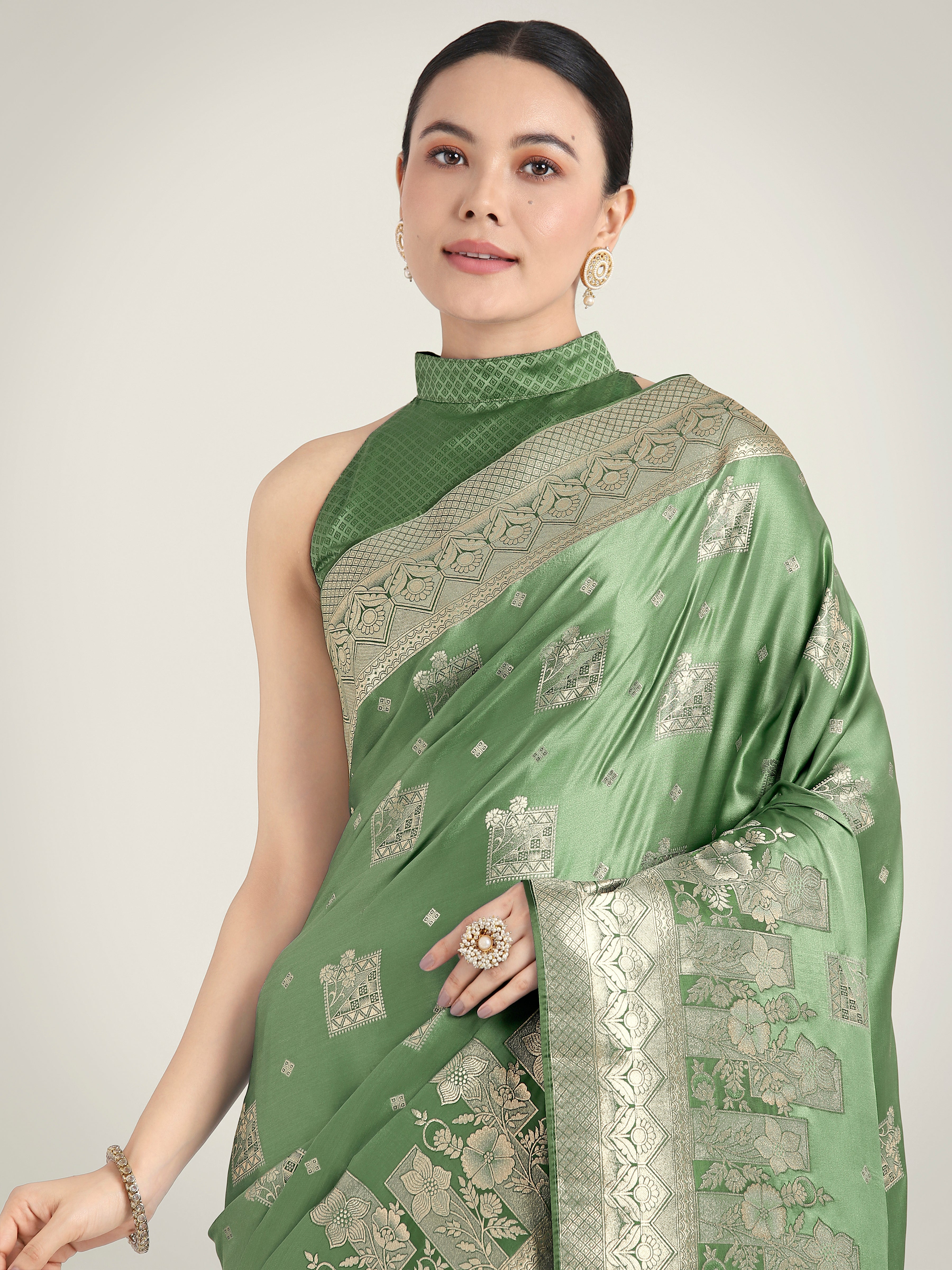 Green Banarasi Satin Silk Zari Weaving Festival Wear Saree