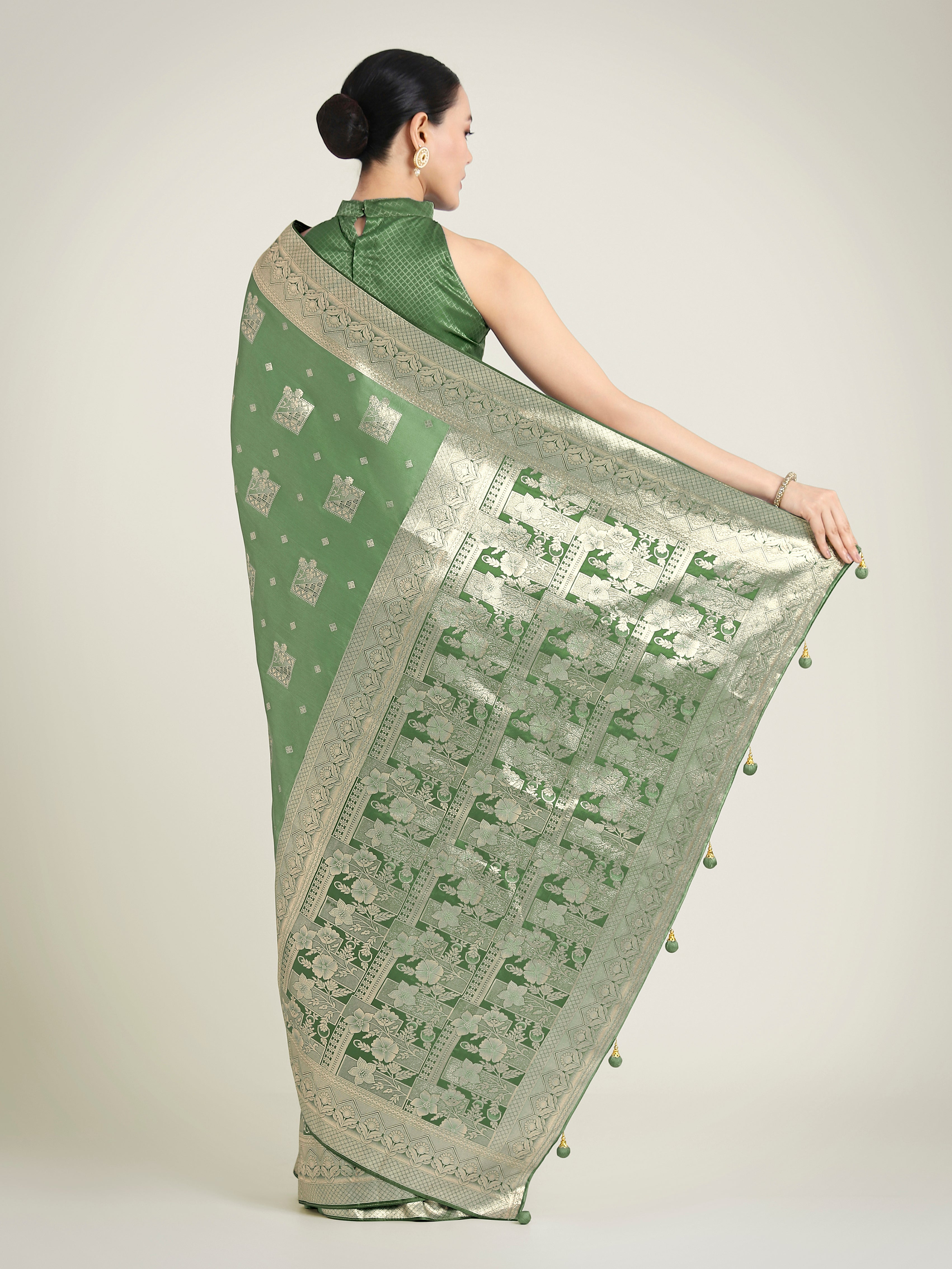 Green Banarasi Satin Silk Zari Weaving Festival Wear Saree