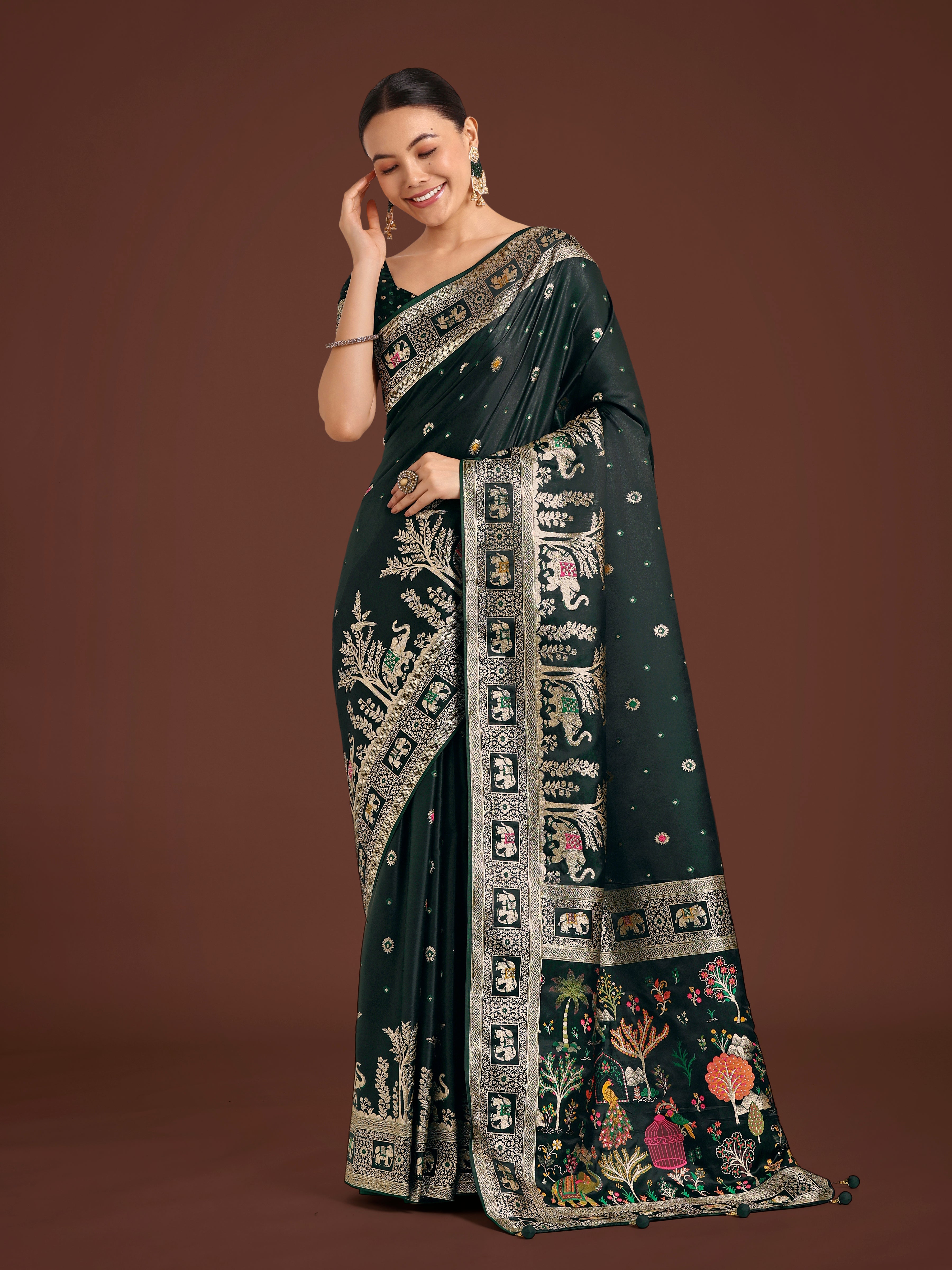 Gorgeous Dark Green Woven Banarasi Designer Satin Silk Saree