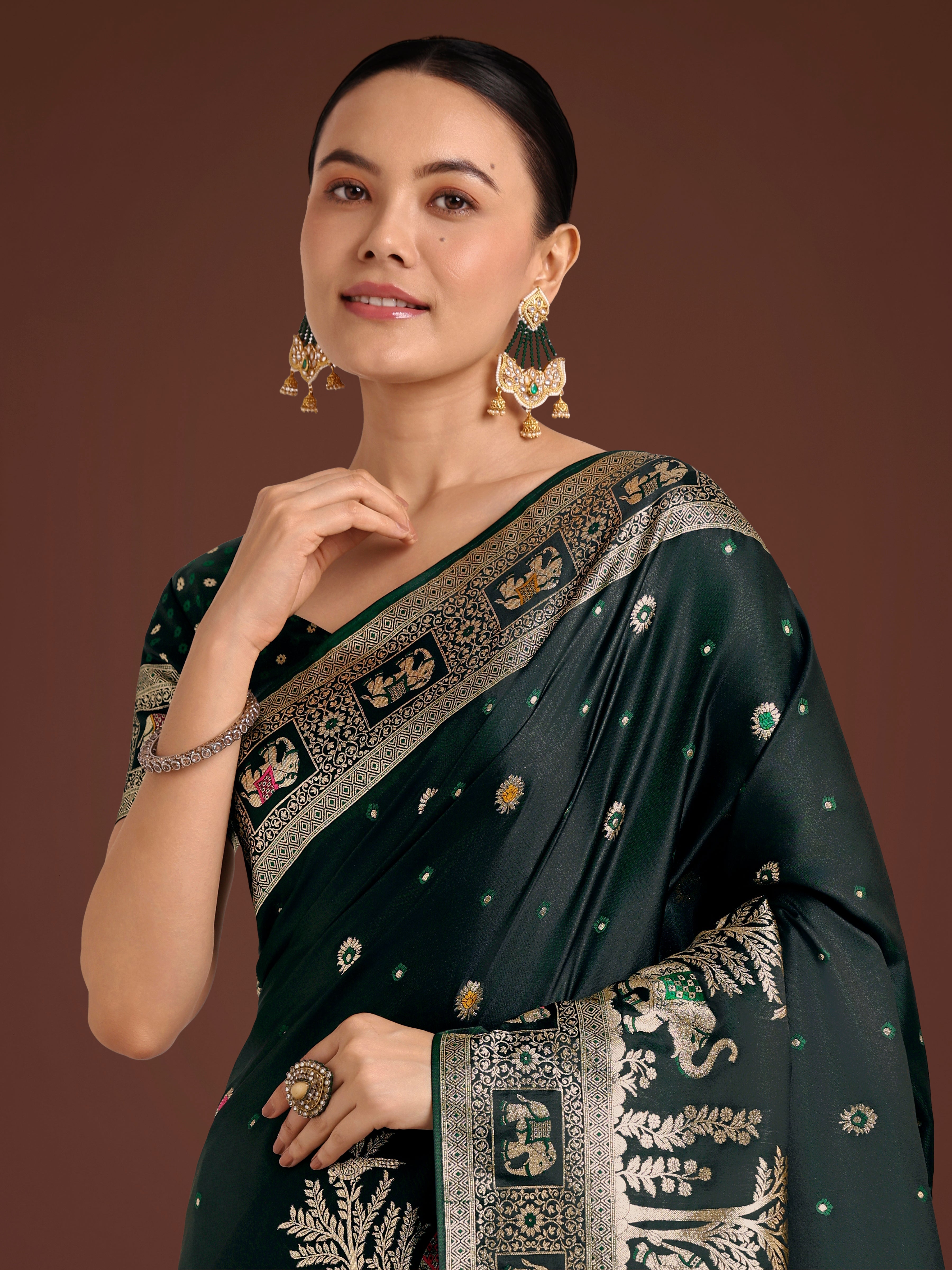 Gorgeous Dark Green Woven Banarasi Designer Satin Silk Saree
