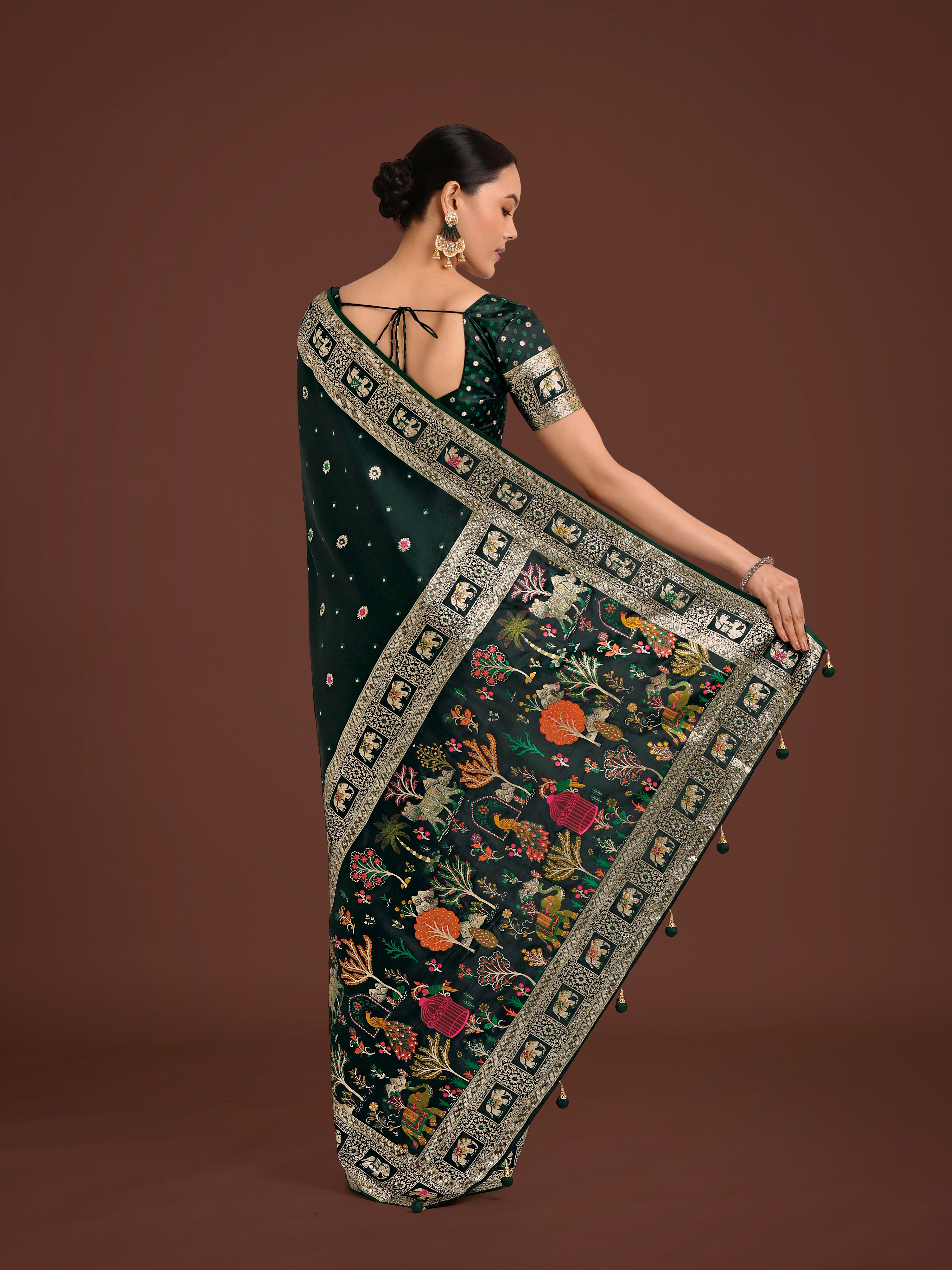 Gorgeous Dark Green Woven Banarasi Designer Satin Silk Saree