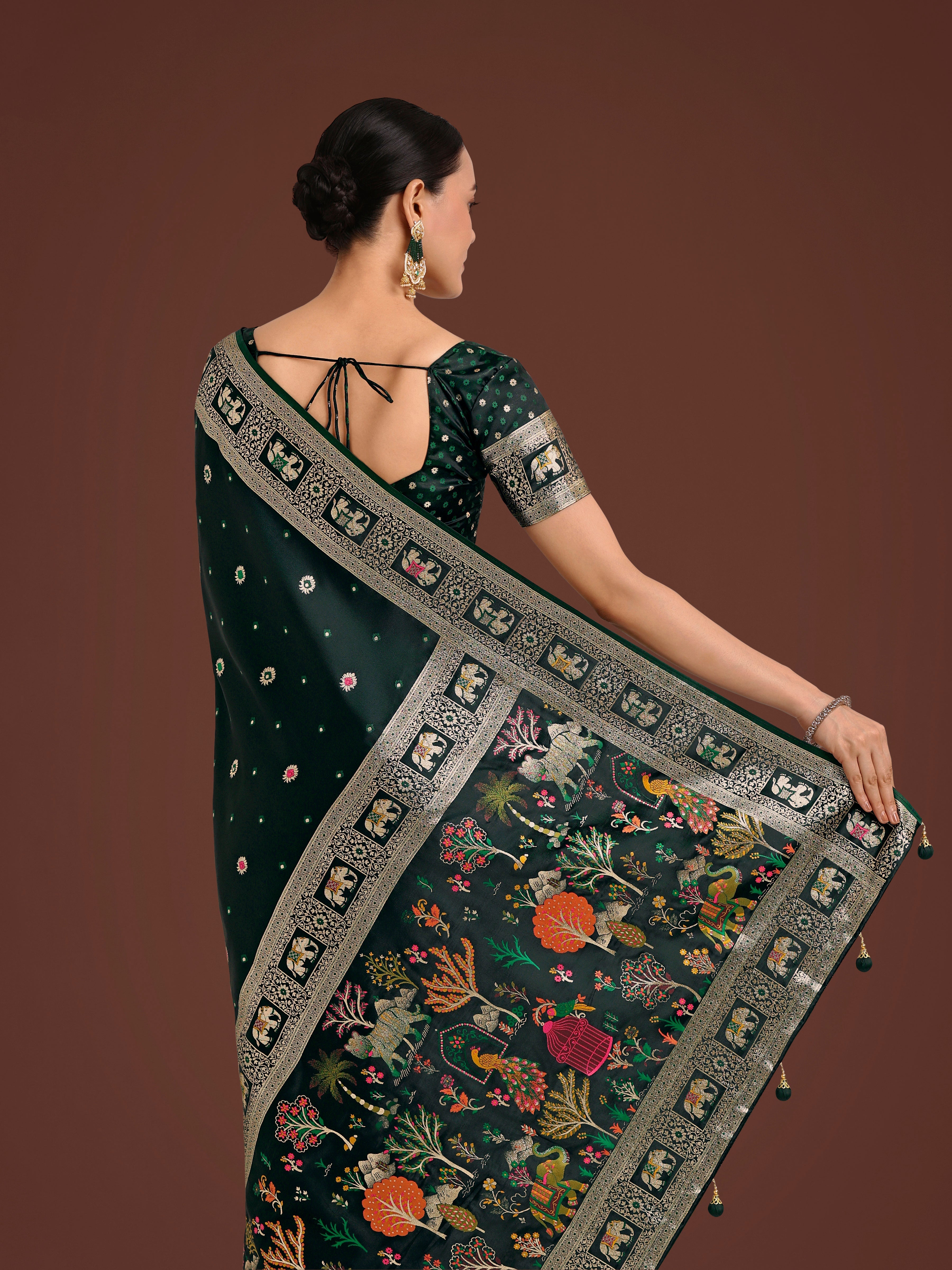 Gorgeous Dark Green Woven Banarasi Designer Satin Silk Saree