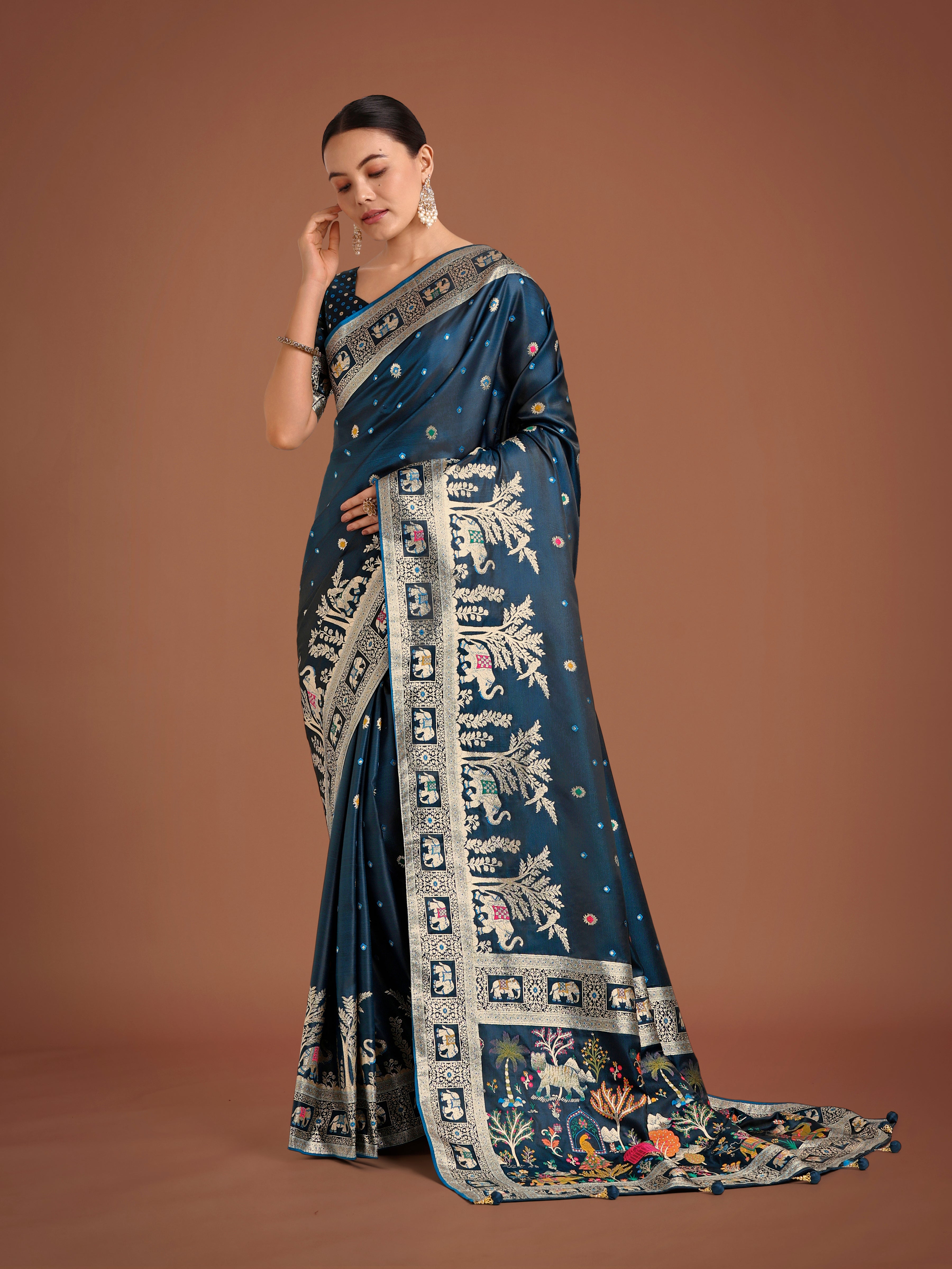 Gorgeous Dark Teal Woven Banarasi Designer Satin Silk Saree