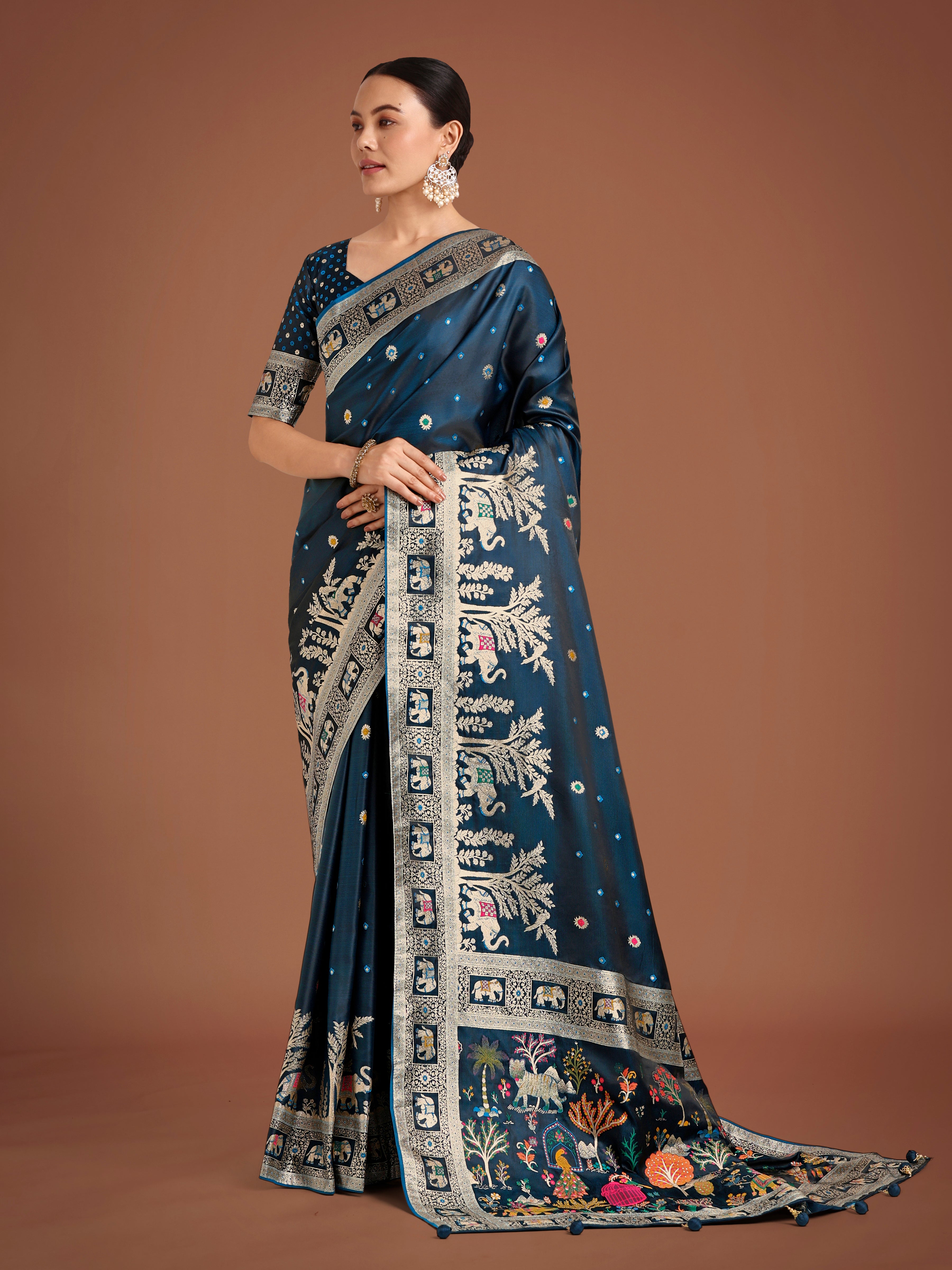 Gorgeous Dark Teal Woven Banarasi Designer Satin Silk Saree