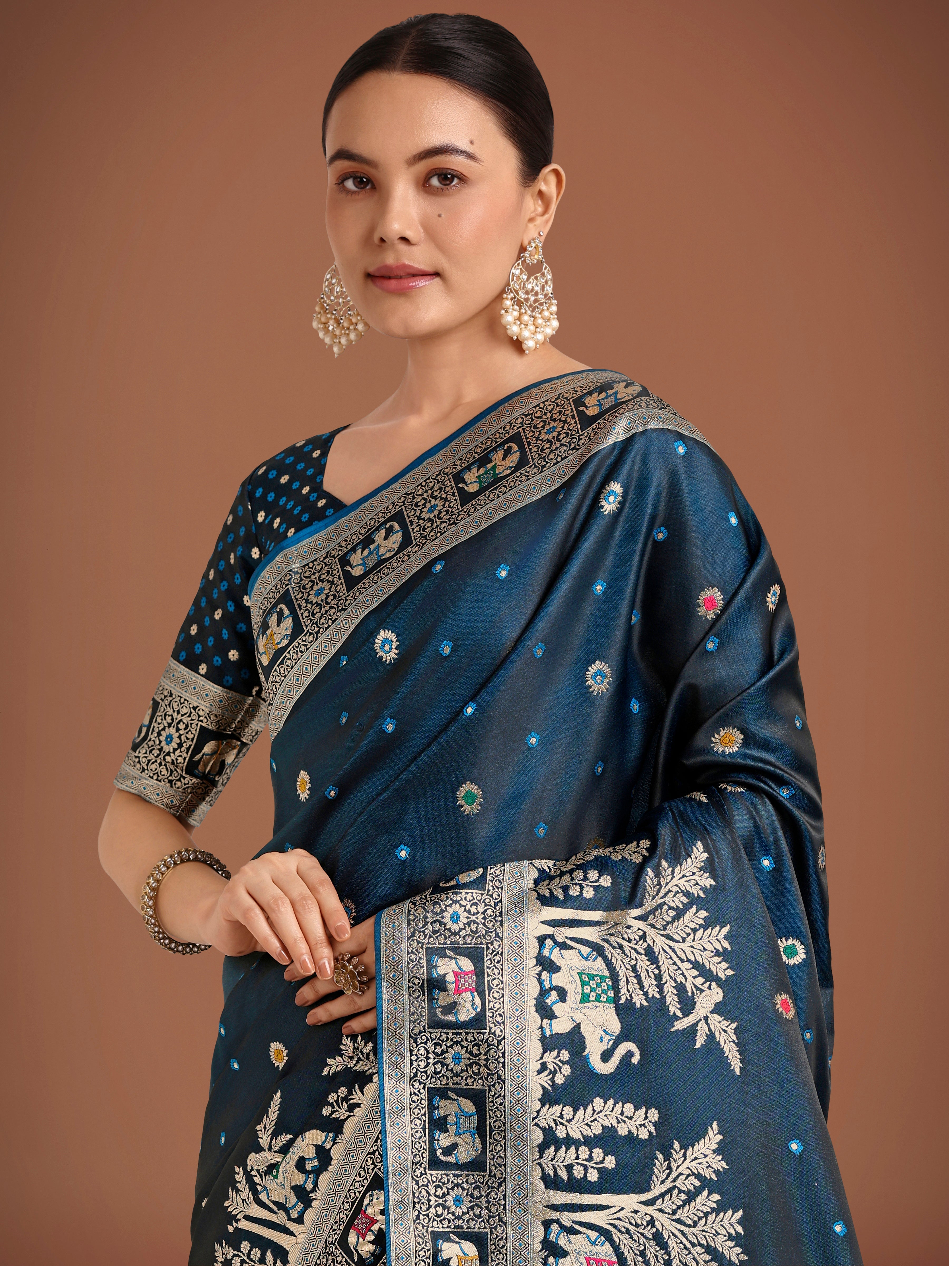 Gorgeous Dark Teal Woven Banarasi Designer Satin Silk Saree
