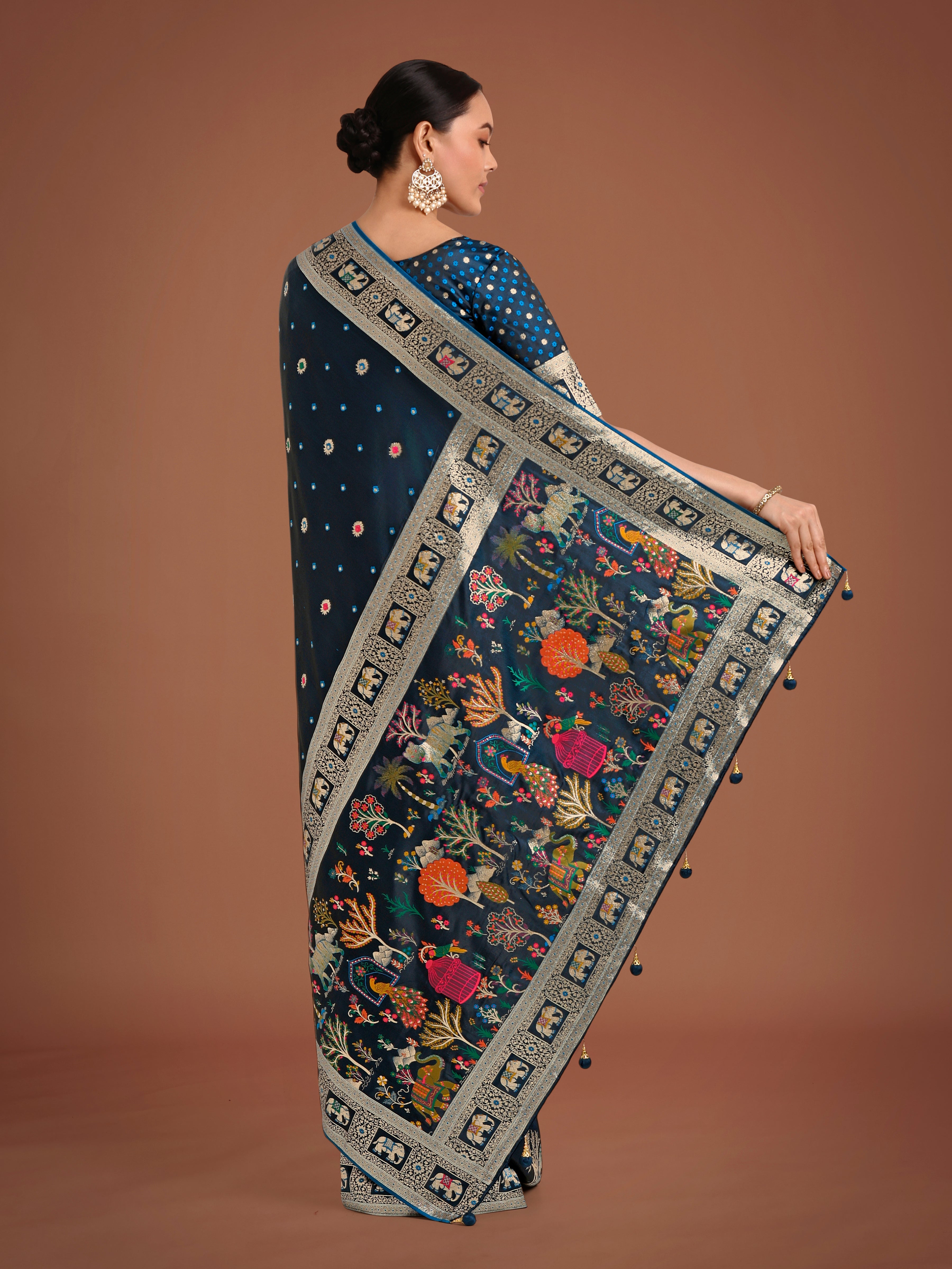Gorgeous Dark Teal Woven Banarasi Designer Satin Silk Saree