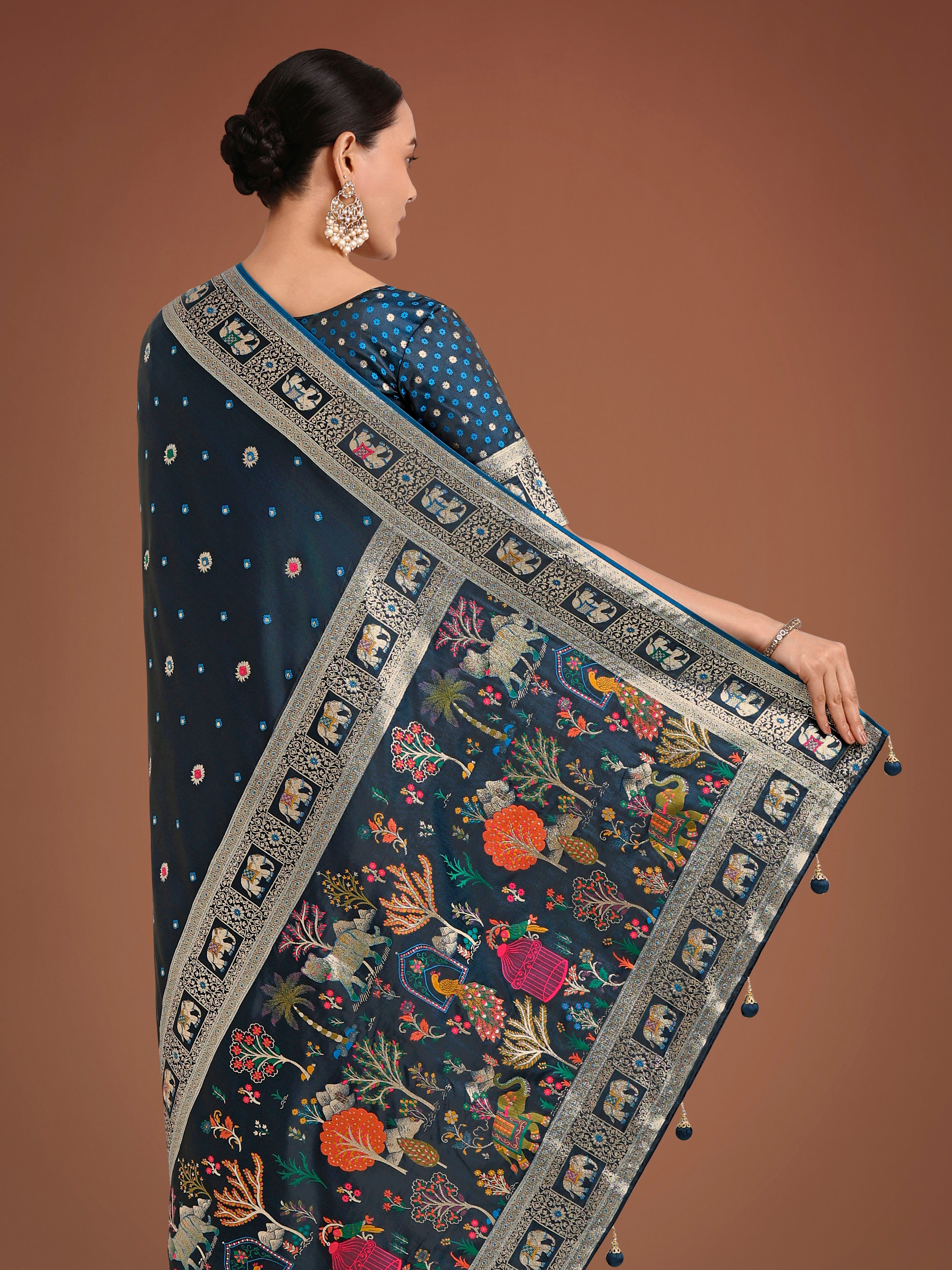 Gorgeous Dark Teal Woven Banarasi Designer Satin Silk Saree