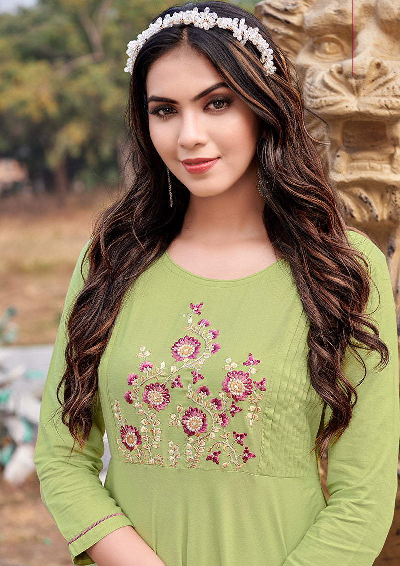 Gorgeous Light Green Rayon Embroidered Designer Kurti