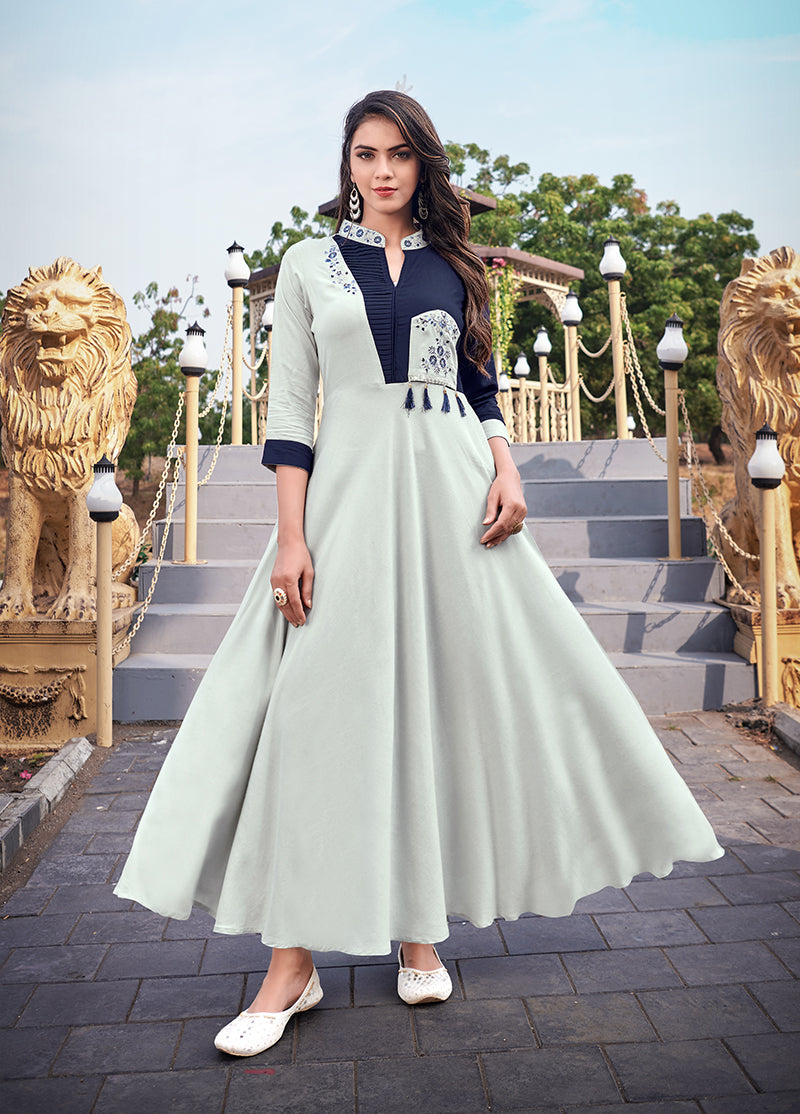 Gorgeous Light Grey Rayon Embroidered Designer Kurti