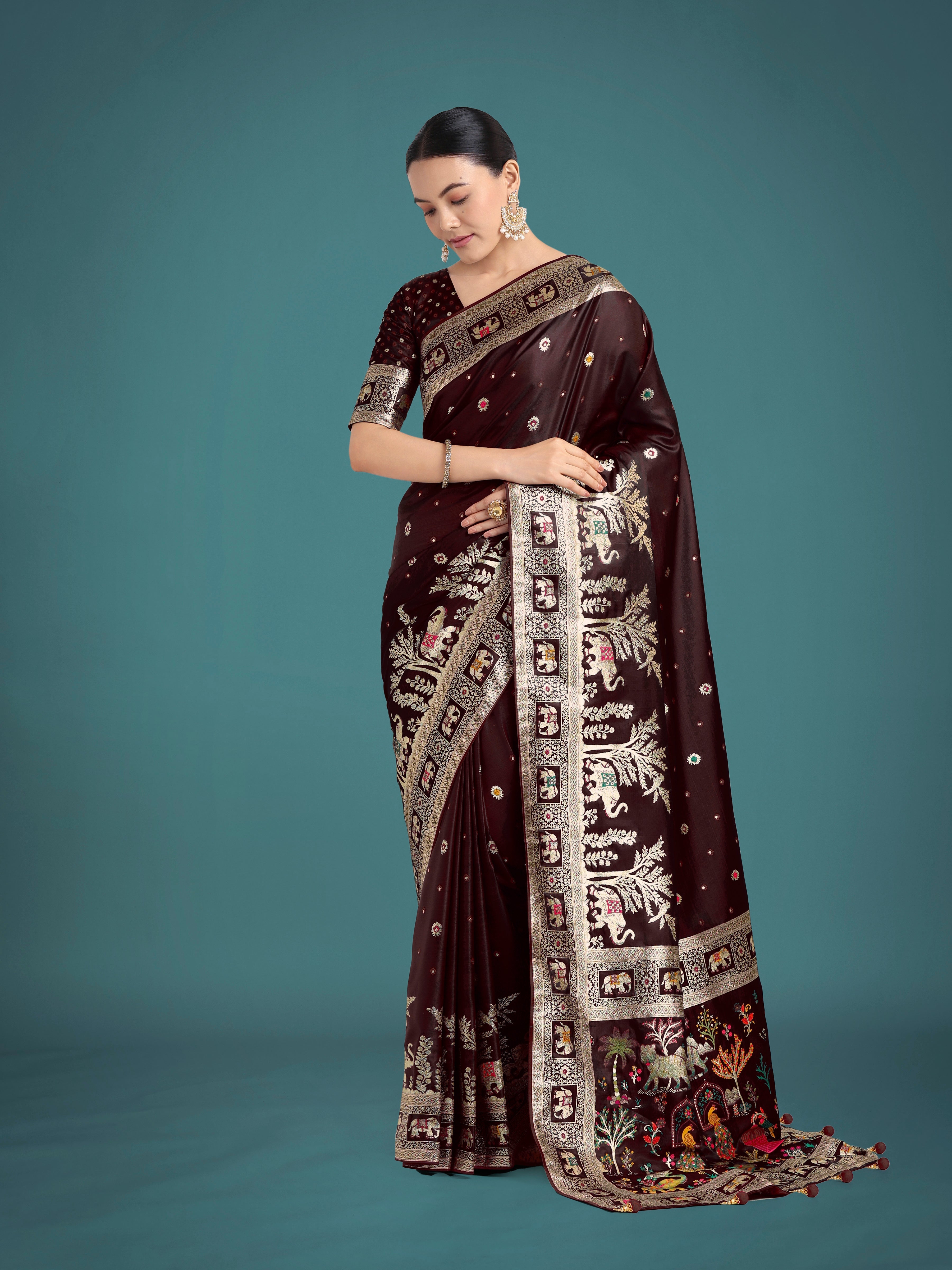 Gorgeous Maroon Woven Banarasi Designer Satin Silk Saree