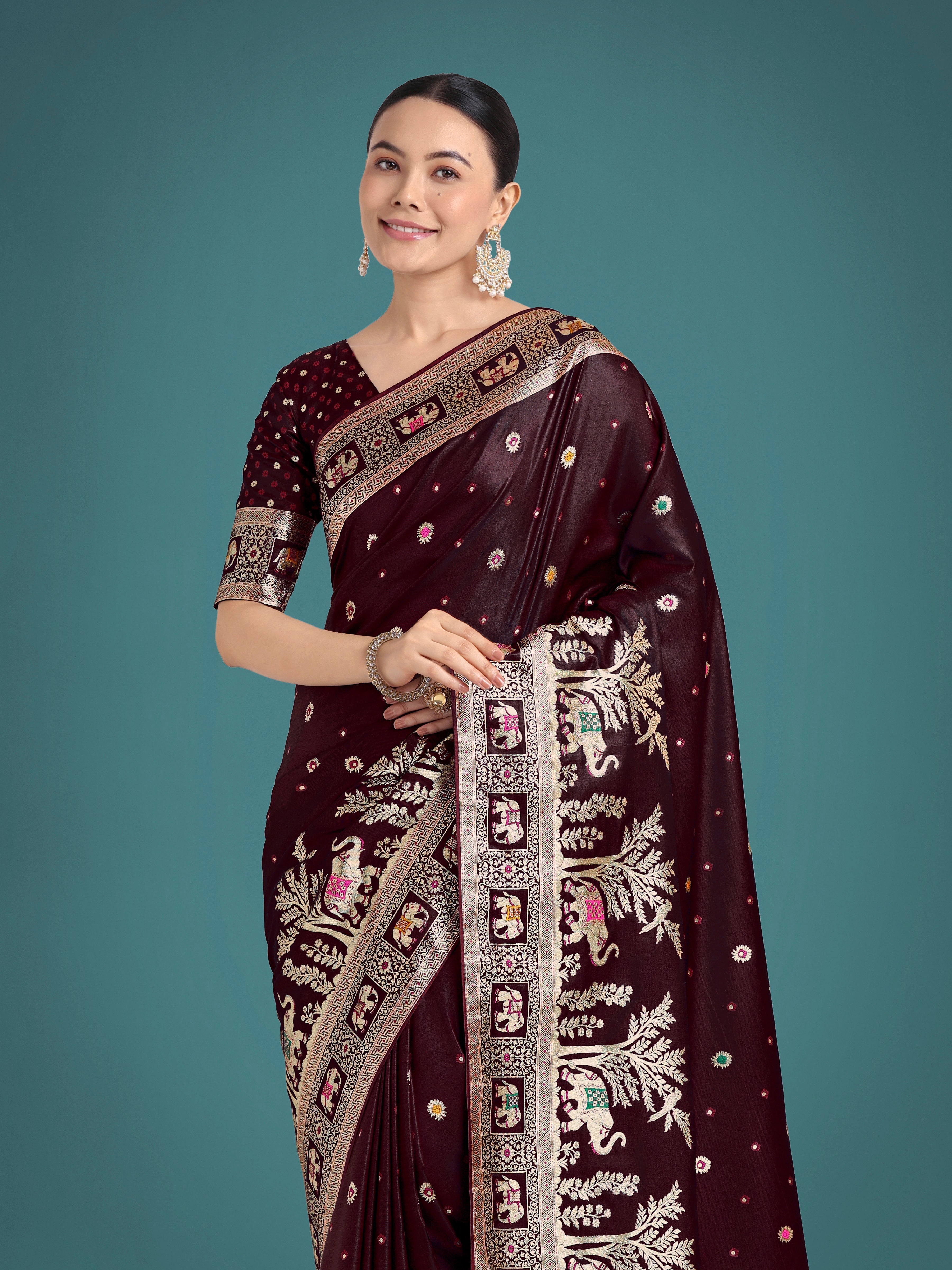 Gorgeous Maroon Woven Banarasi Designer Satin Silk Saree