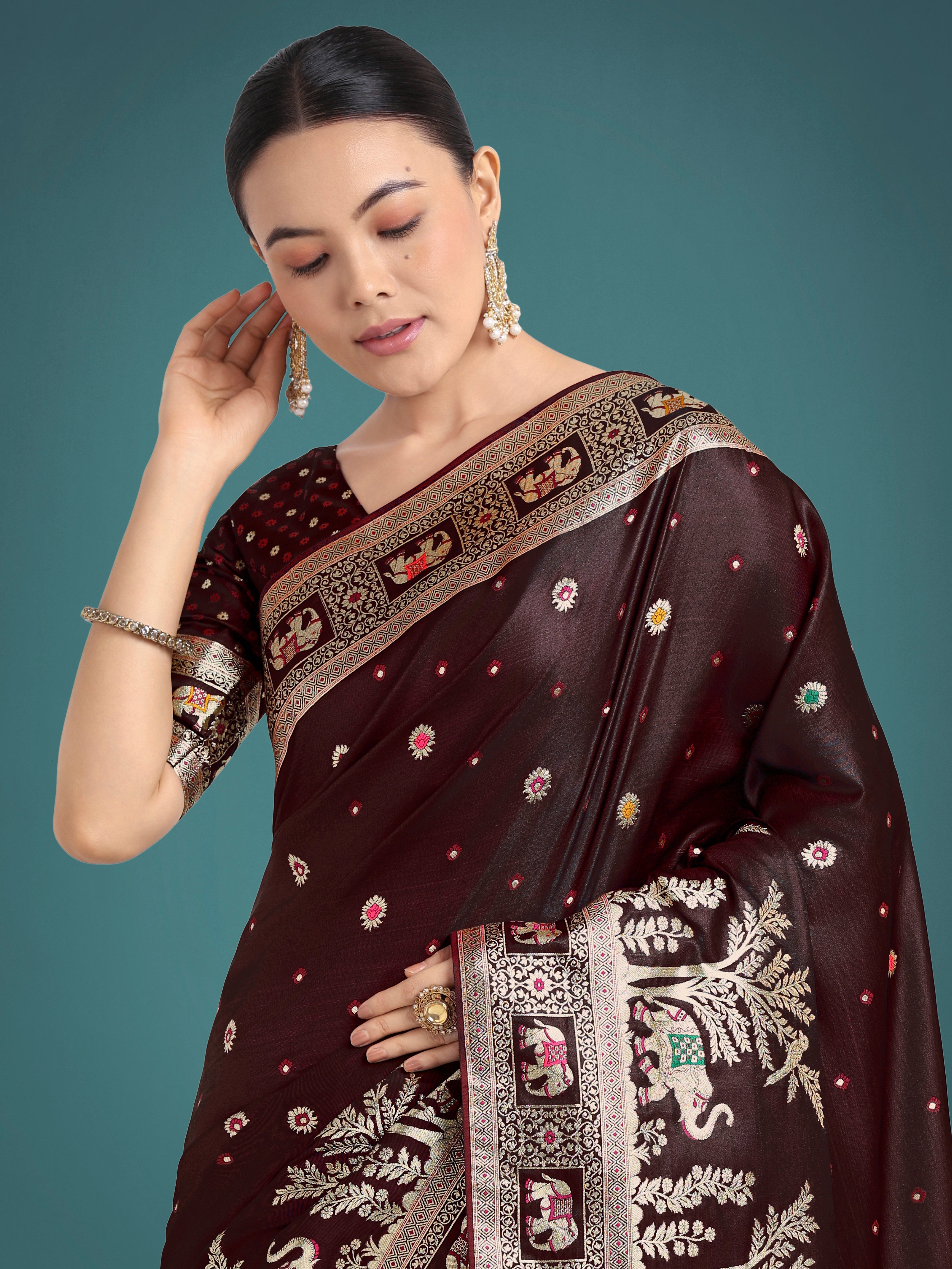 Gorgeous Maroon Woven Banarasi Designer Satin Silk Saree