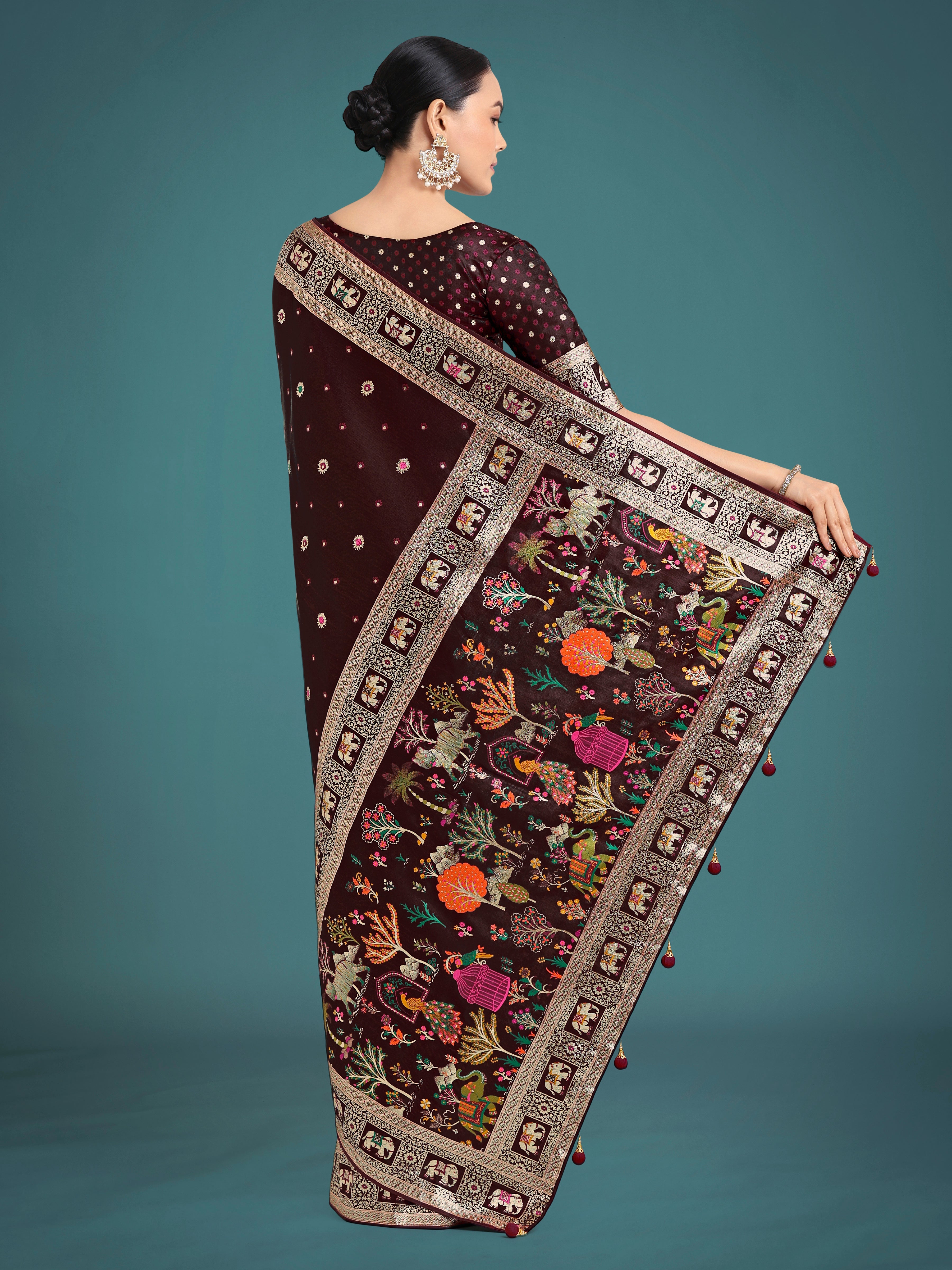 Gorgeous Maroon Woven Banarasi Designer Satin Silk Saree