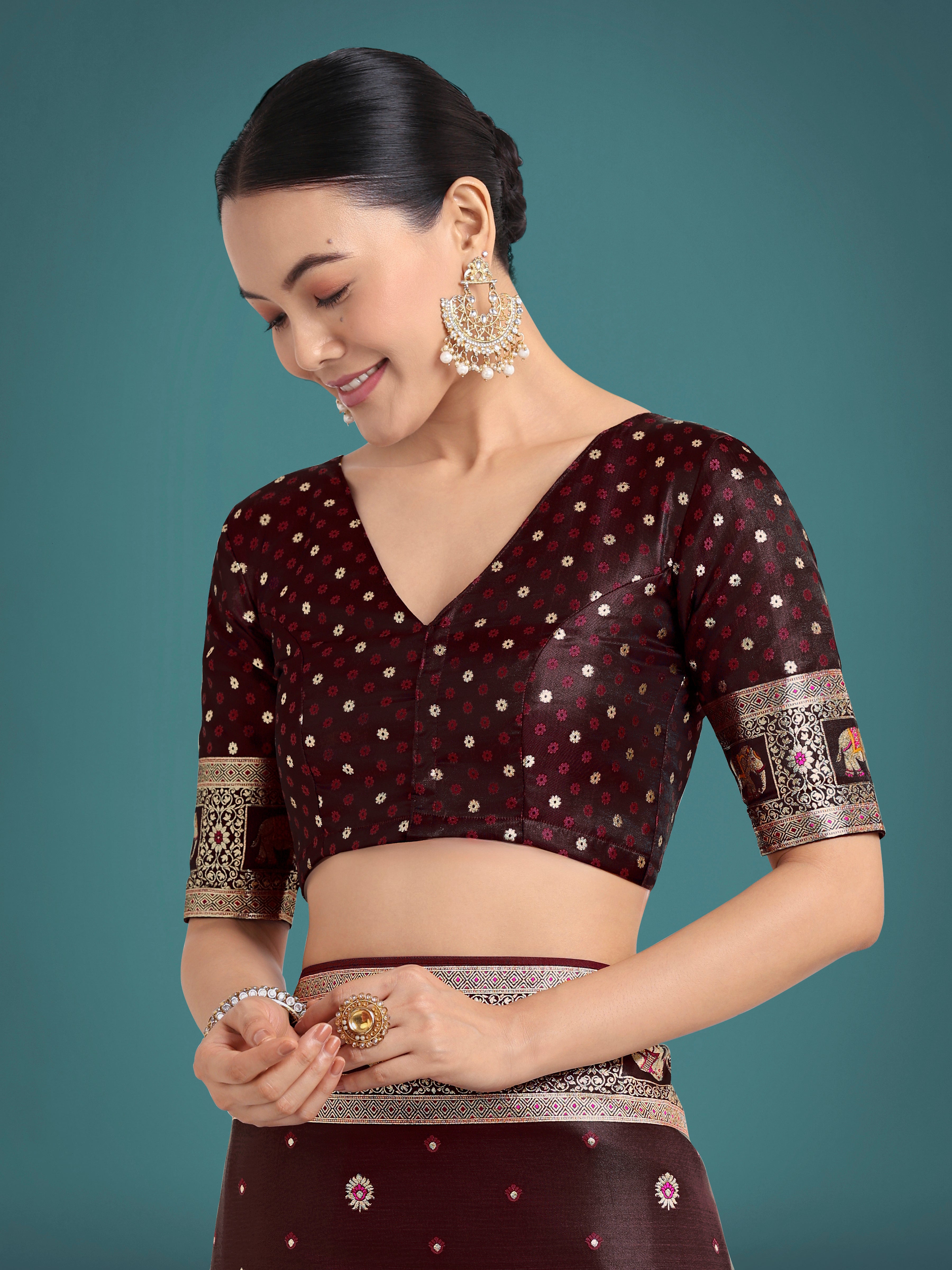 Gorgeous Maroon Woven Banarasi Designer Satin Silk Saree