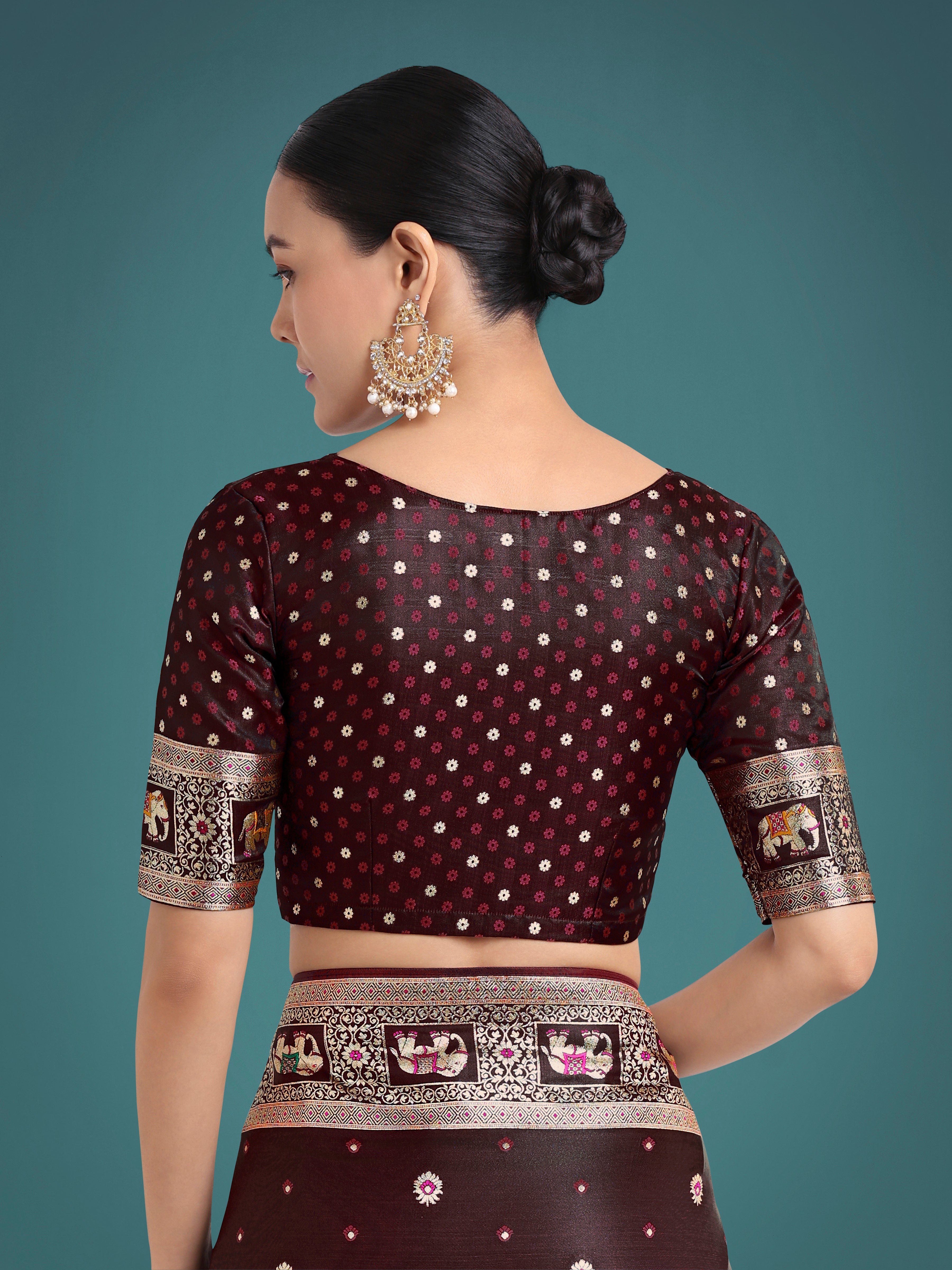 Gorgeous Maroon Woven Banarasi Designer Satin Silk Saree