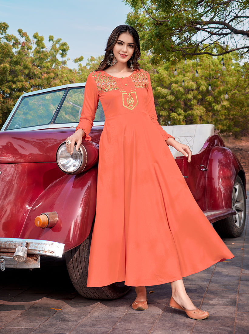 Gorgeous Peach Rayon Embroidered Designer Kurti