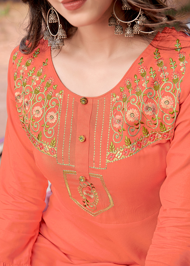 Gorgeous Peach Rayon Embroidered Designer Kurti