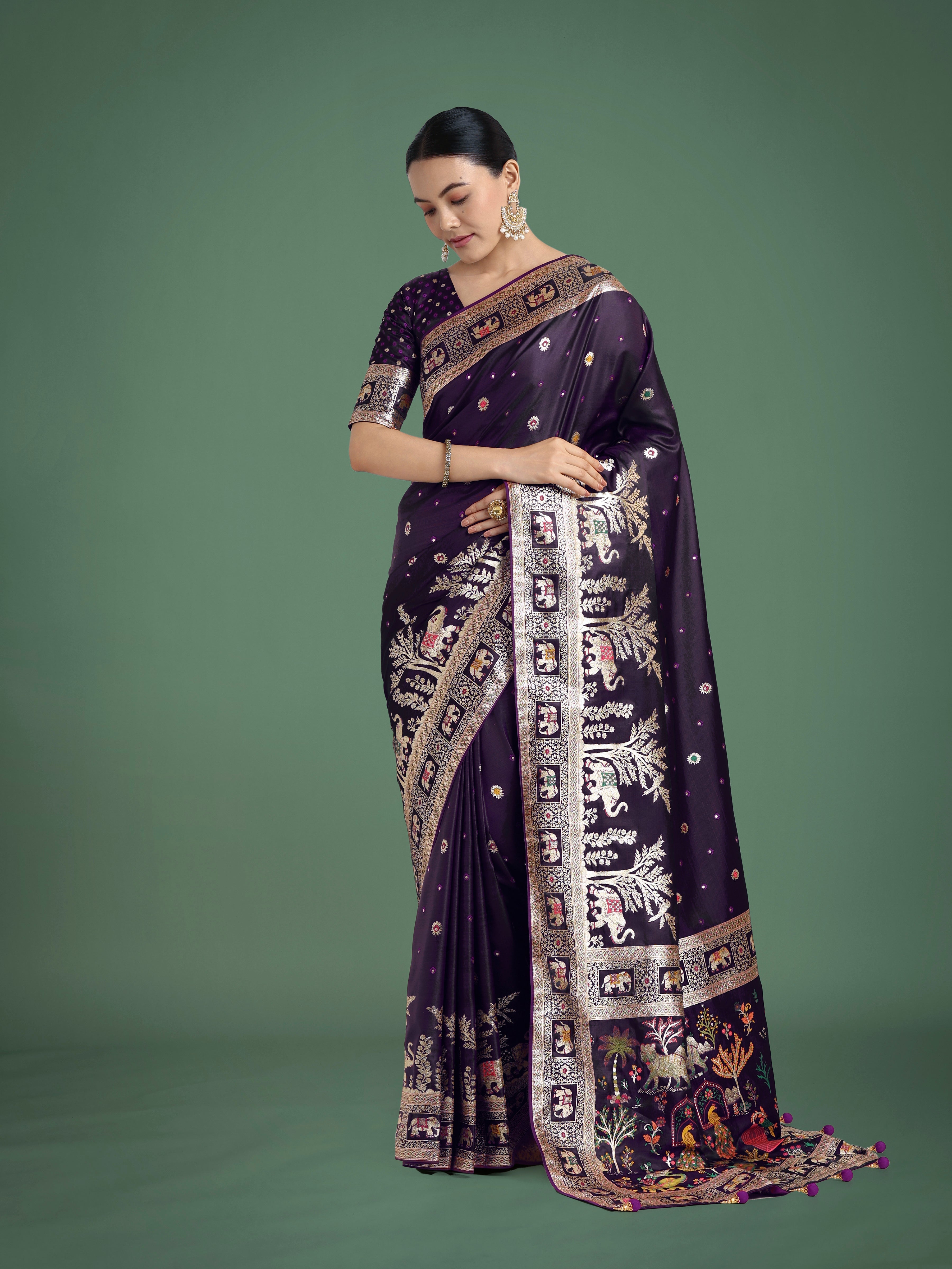 Gorgeous Purple Woven Banarasi Designer Satin Silk Saree