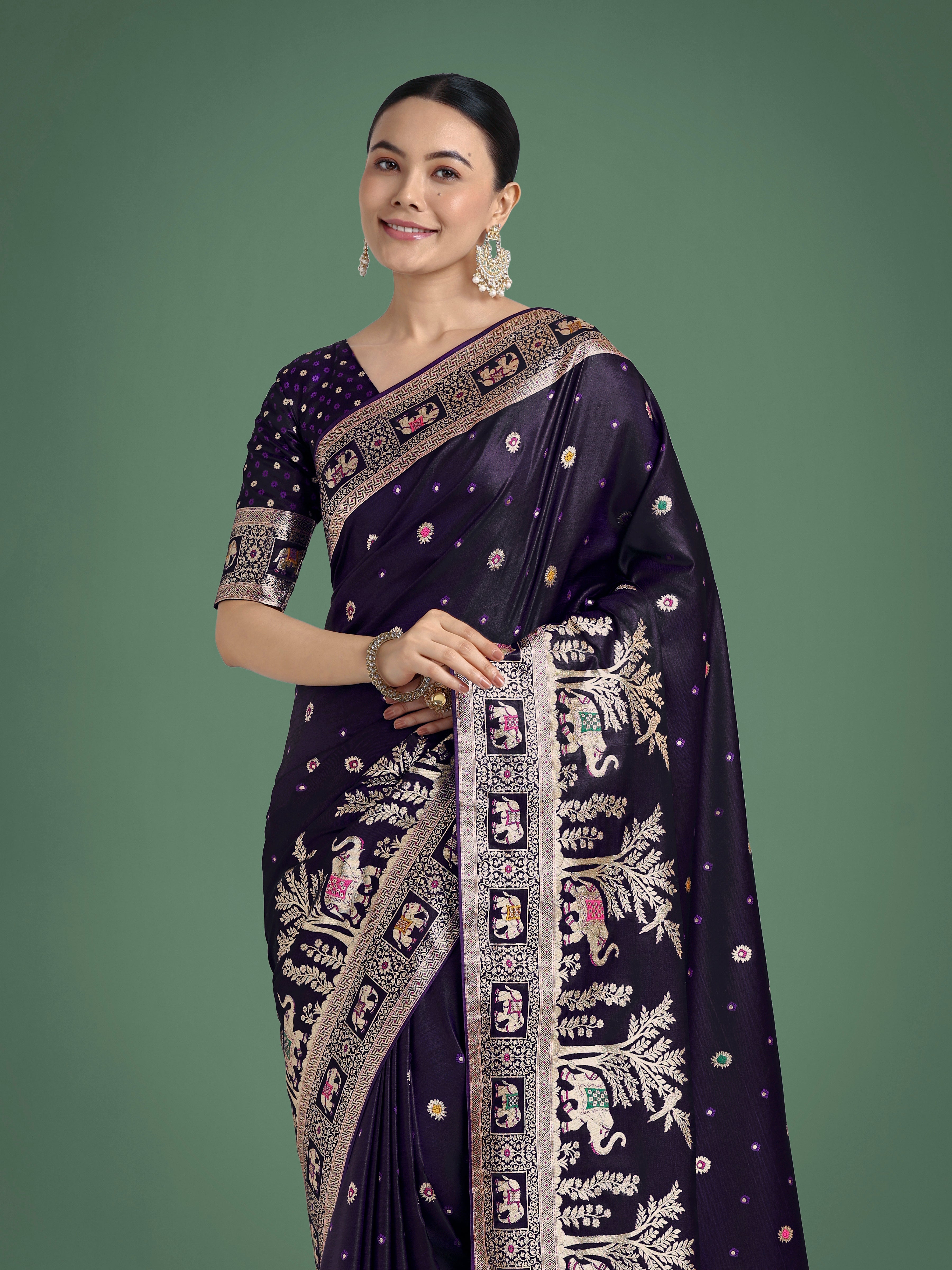Gorgeous Purple Woven Banarasi Designer Satin Silk Saree
