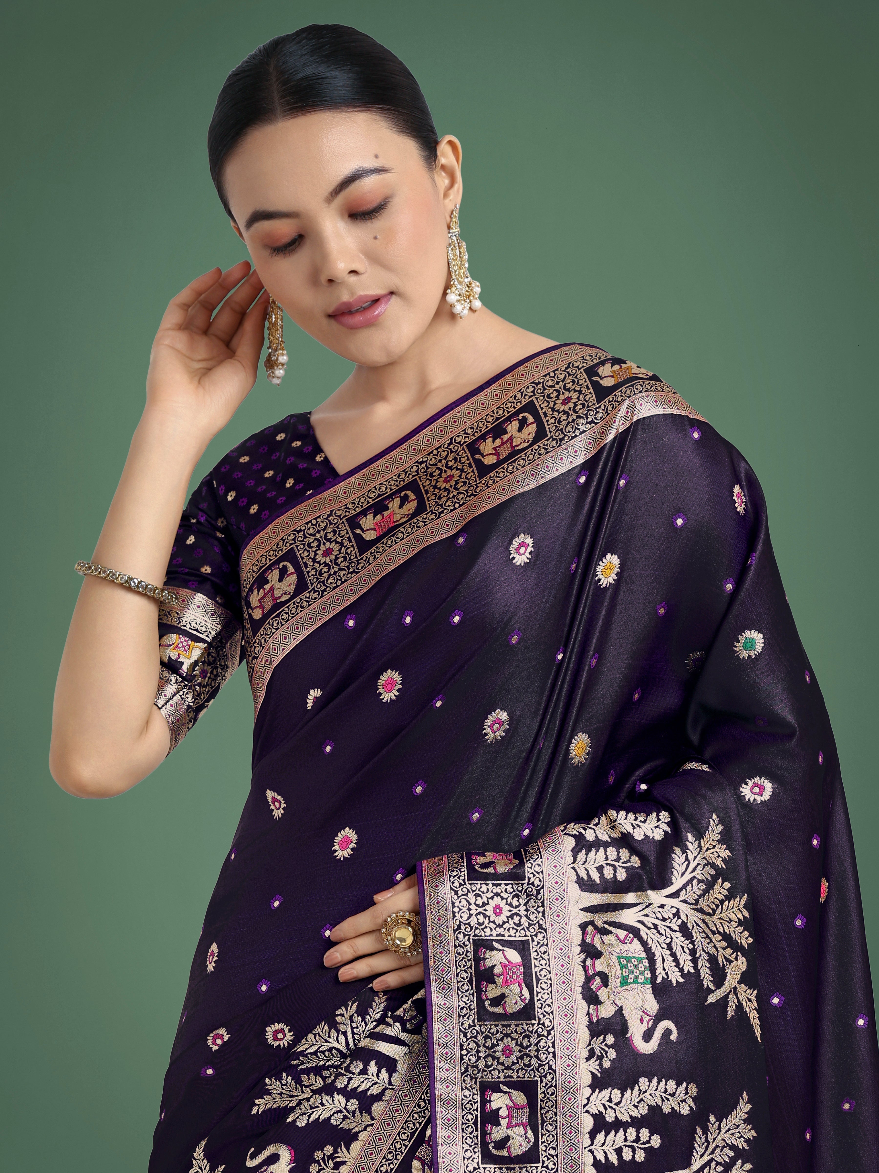 Gorgeous Purple Woven Banarasi Designer Satin Silk Saree