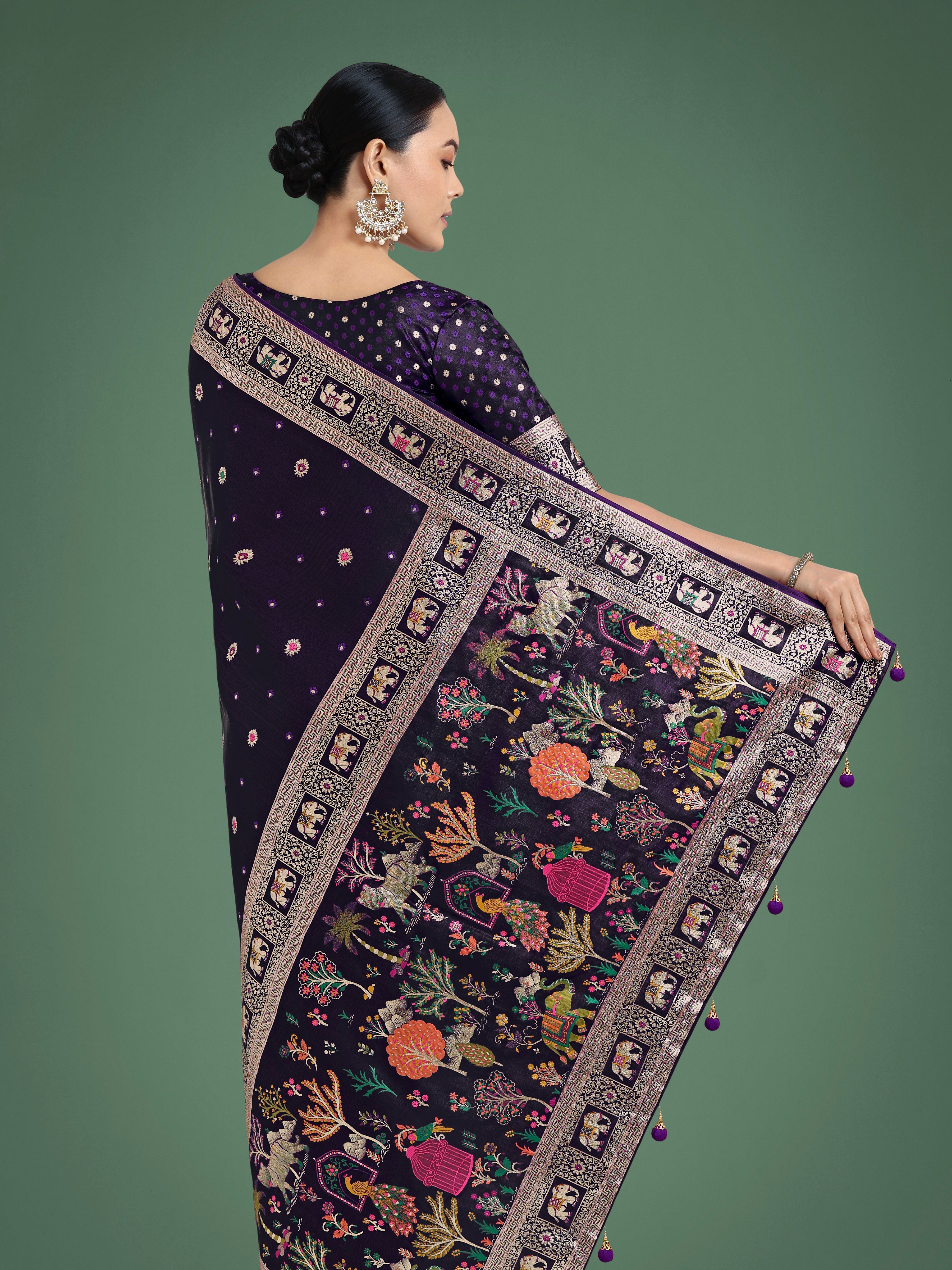 Gorgeous Purple Woven Banarasi Designer Satin Silk Saree
