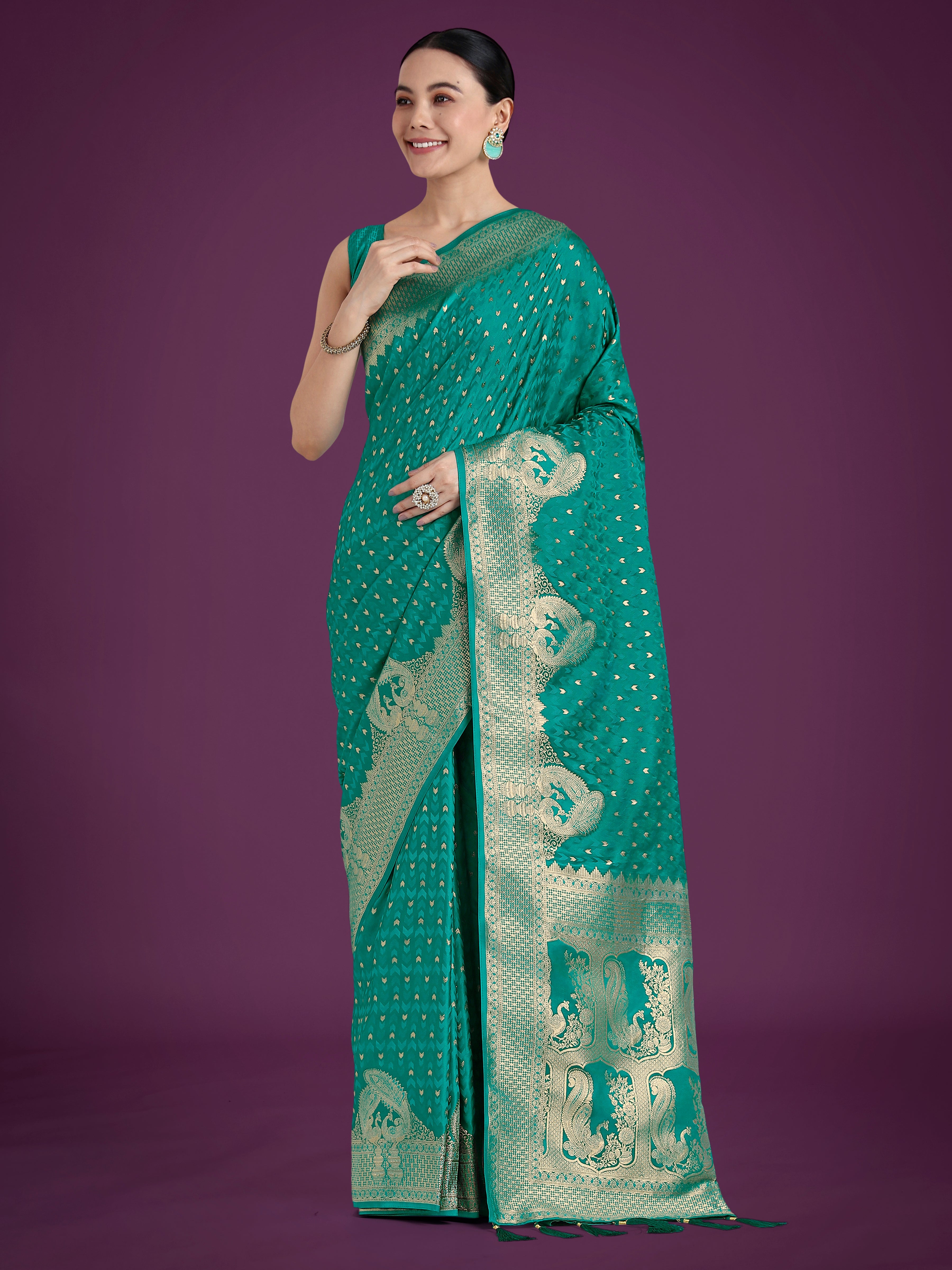 Gorgeous Turquoise Woven Banarasi Satin Designer Silk Saree