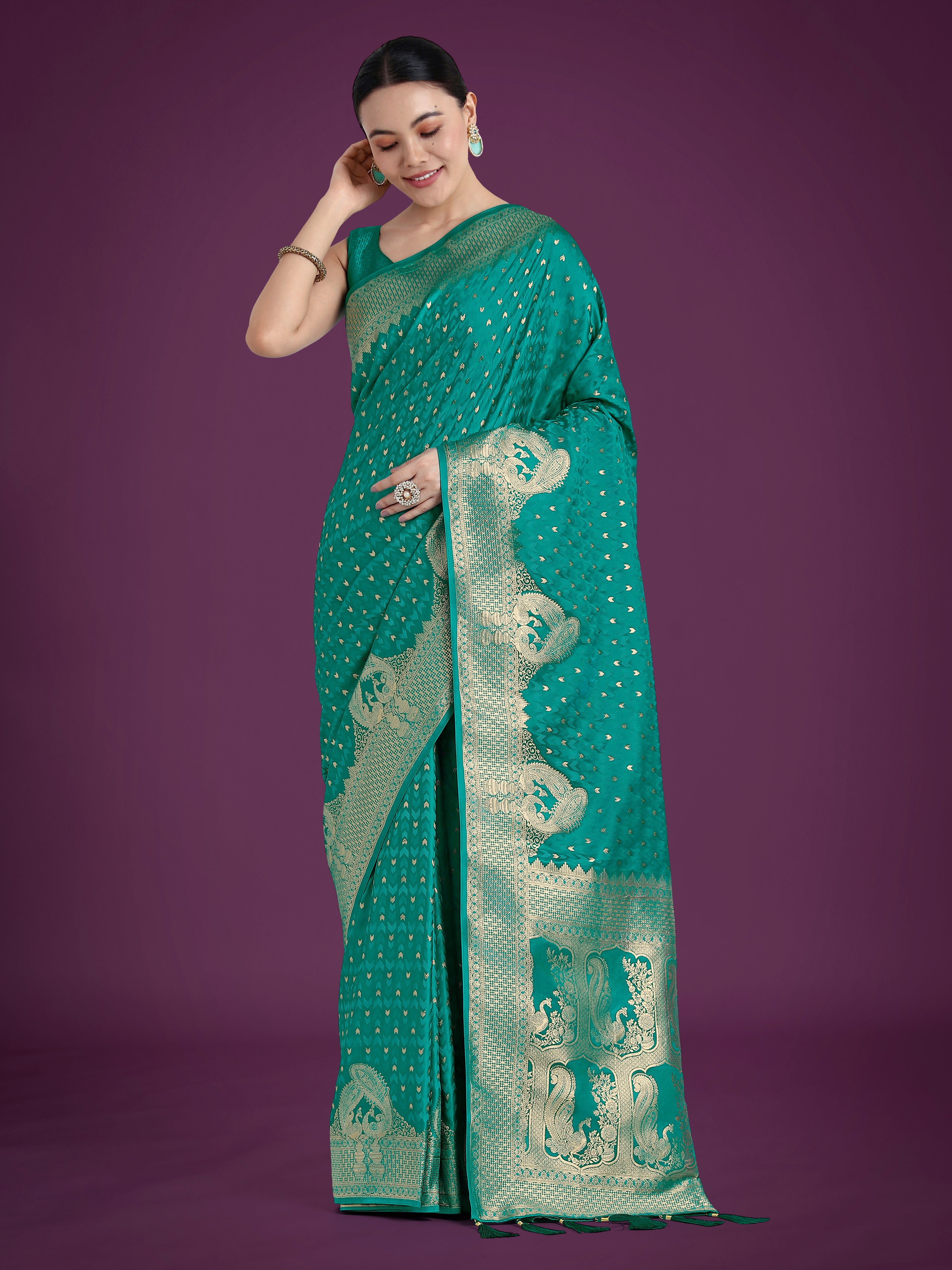 Gorgeous Turquoise Woven Banarasi Satin Designer Silk Saree