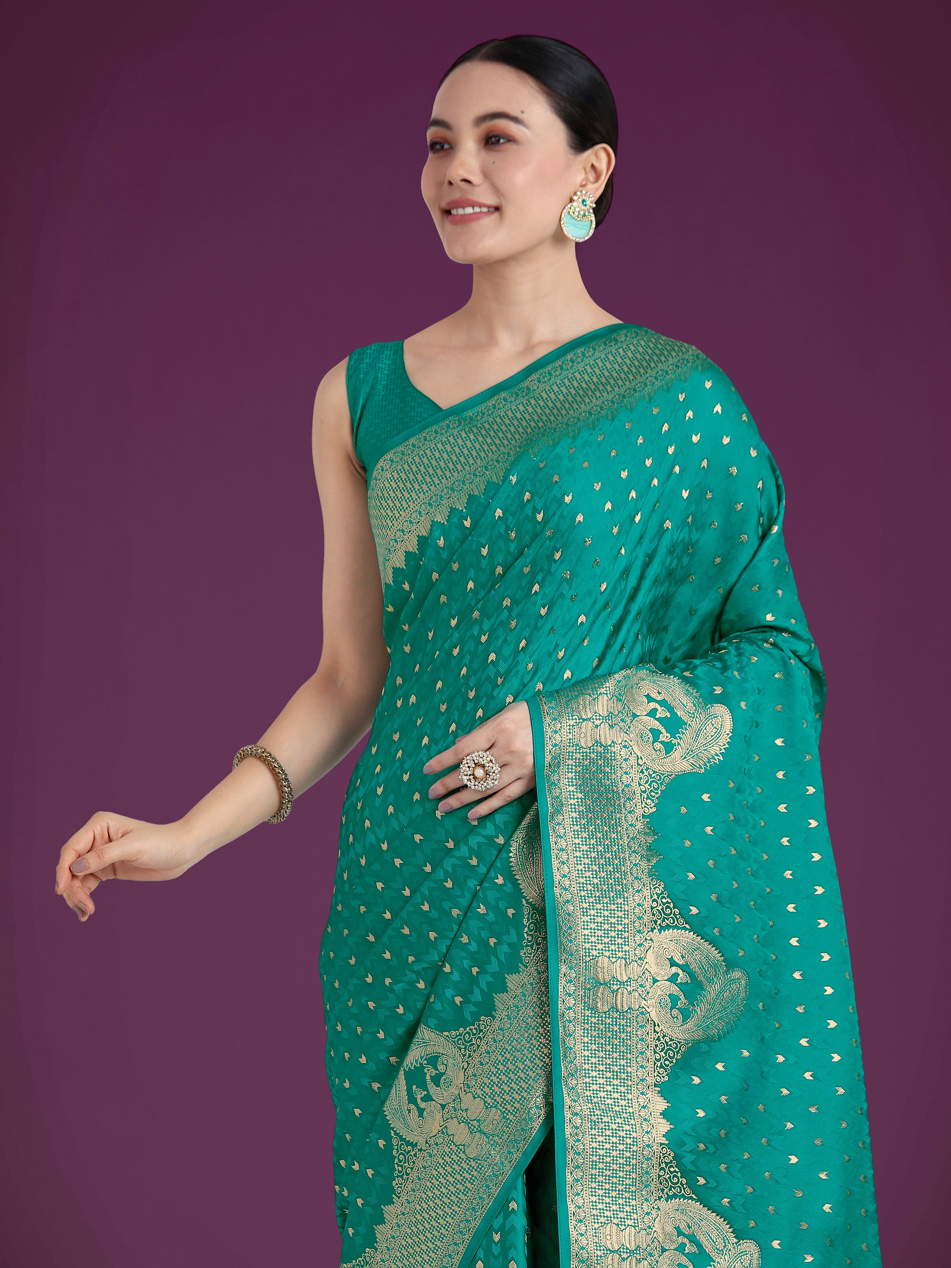 Gorgeous Turquoise Woven Banarasi Satin Designer Silk Saree