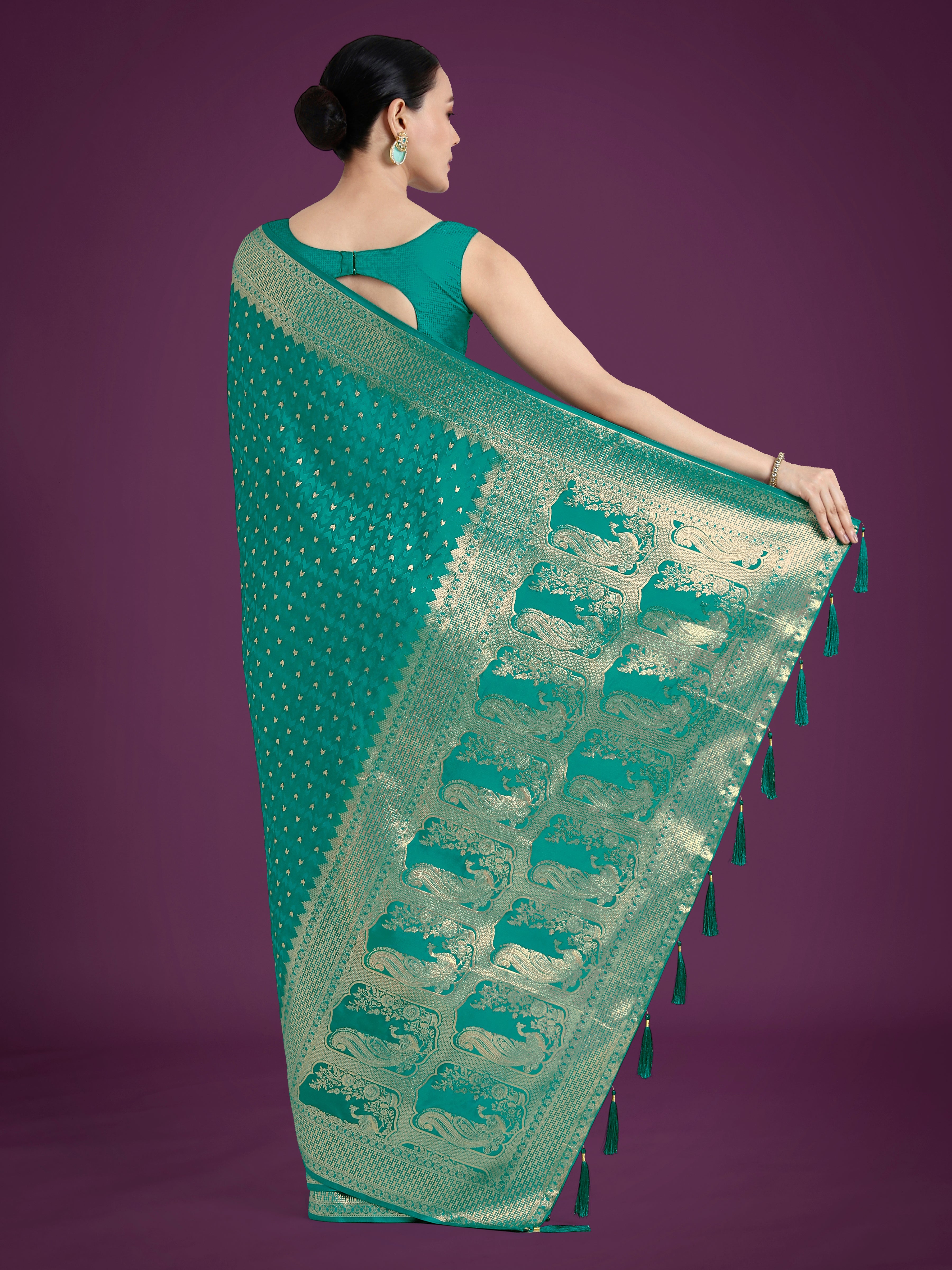 Gorgeous Turquoise Woven Banarasi Satin Designer Silk Saree