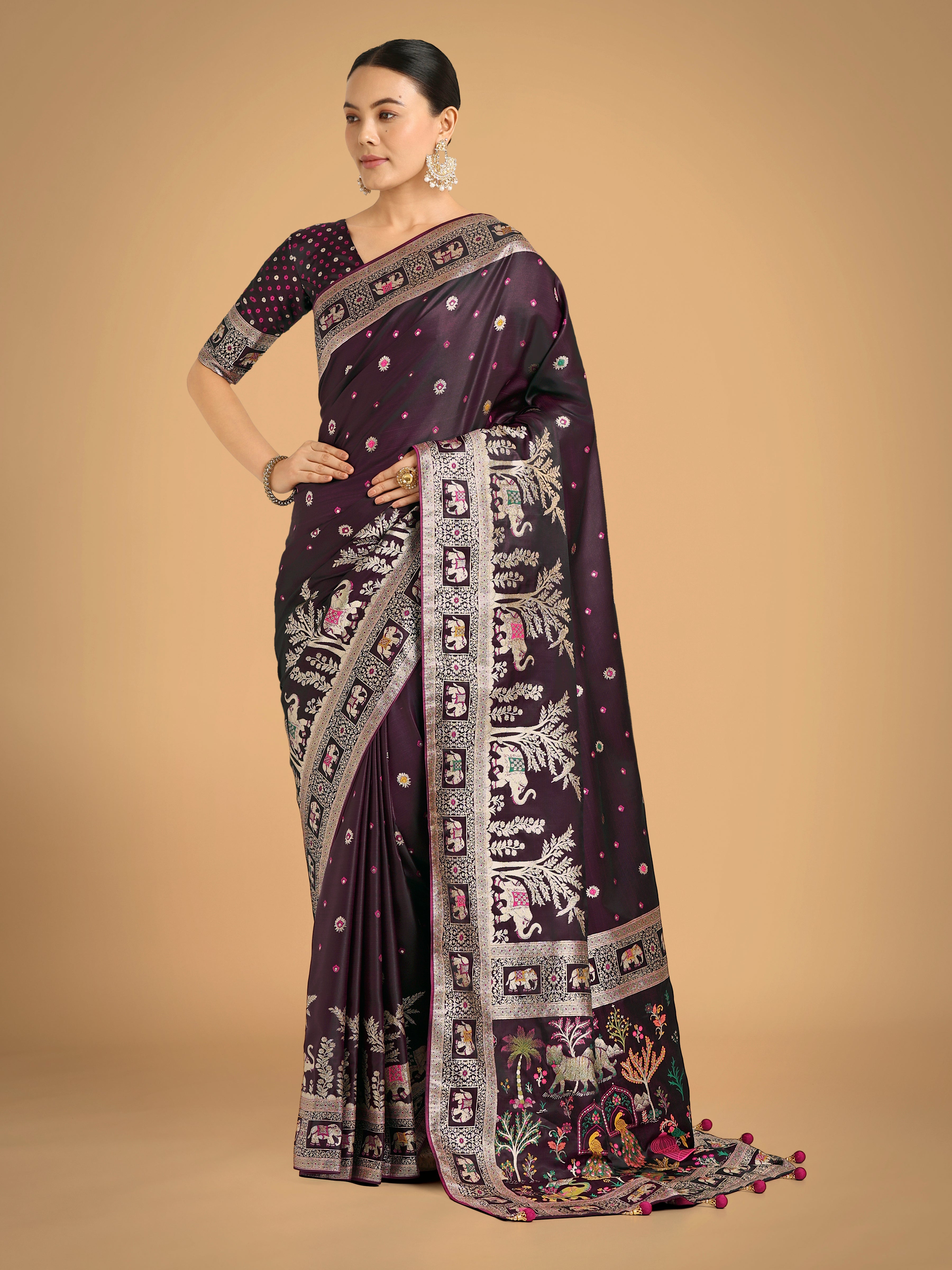 Gorgeous Wine Woven Banarasi Designer Satin Silk Saree