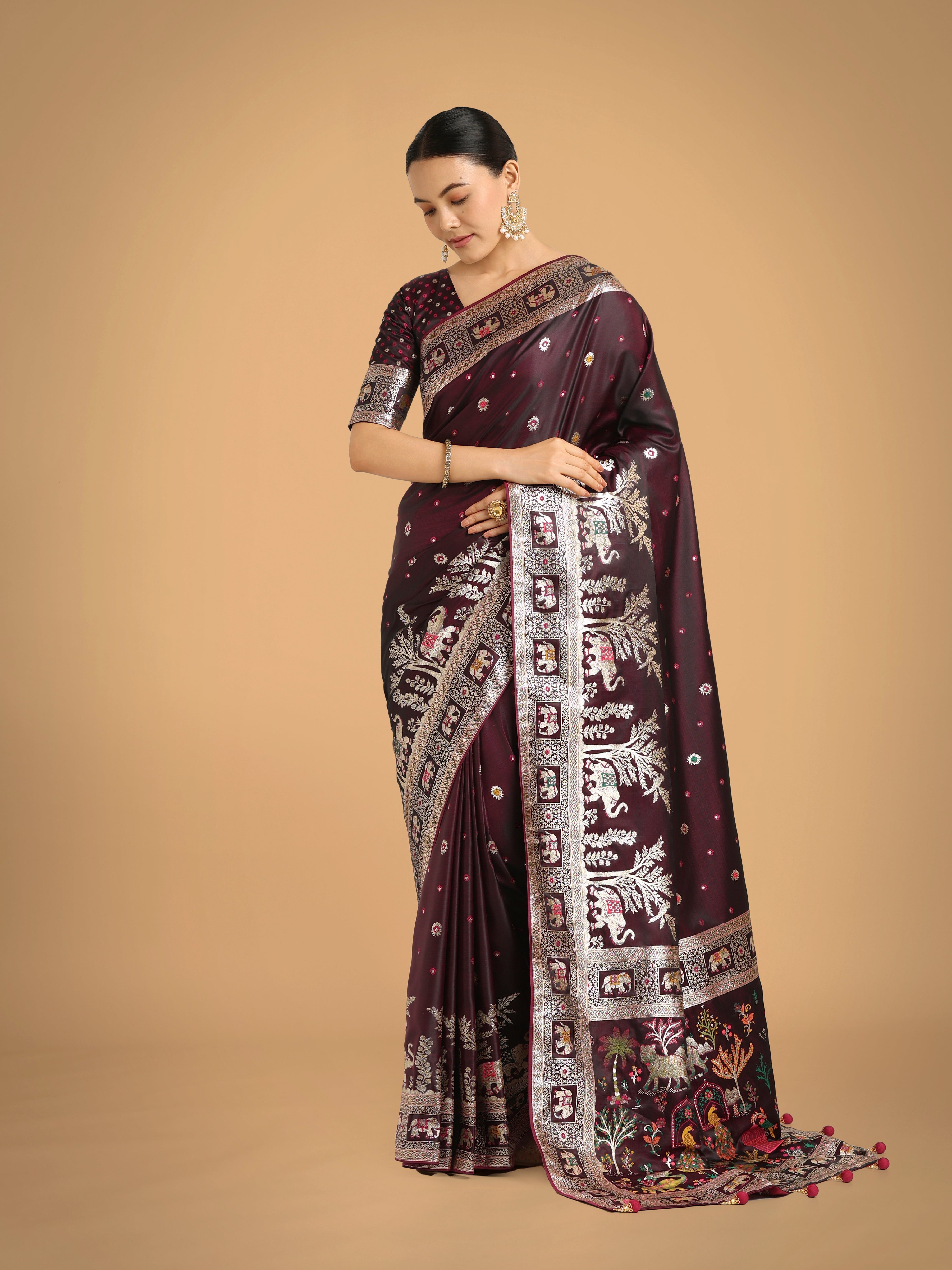 Gorgeous Wine Woven Banarasi Designer Satin Silk Saree