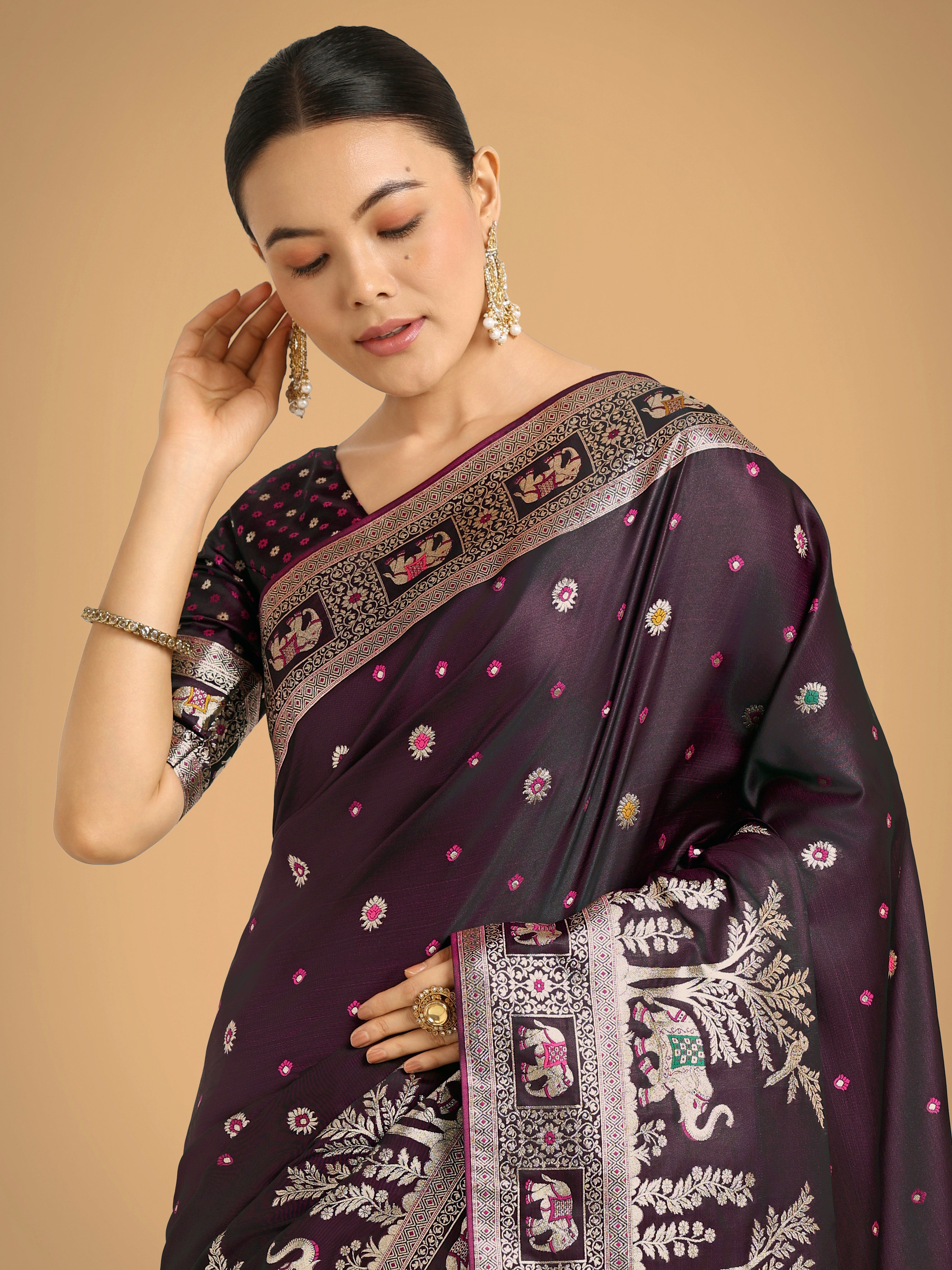 Gorgeous Wine Woven Banarasi Designer Satin Silk Saree