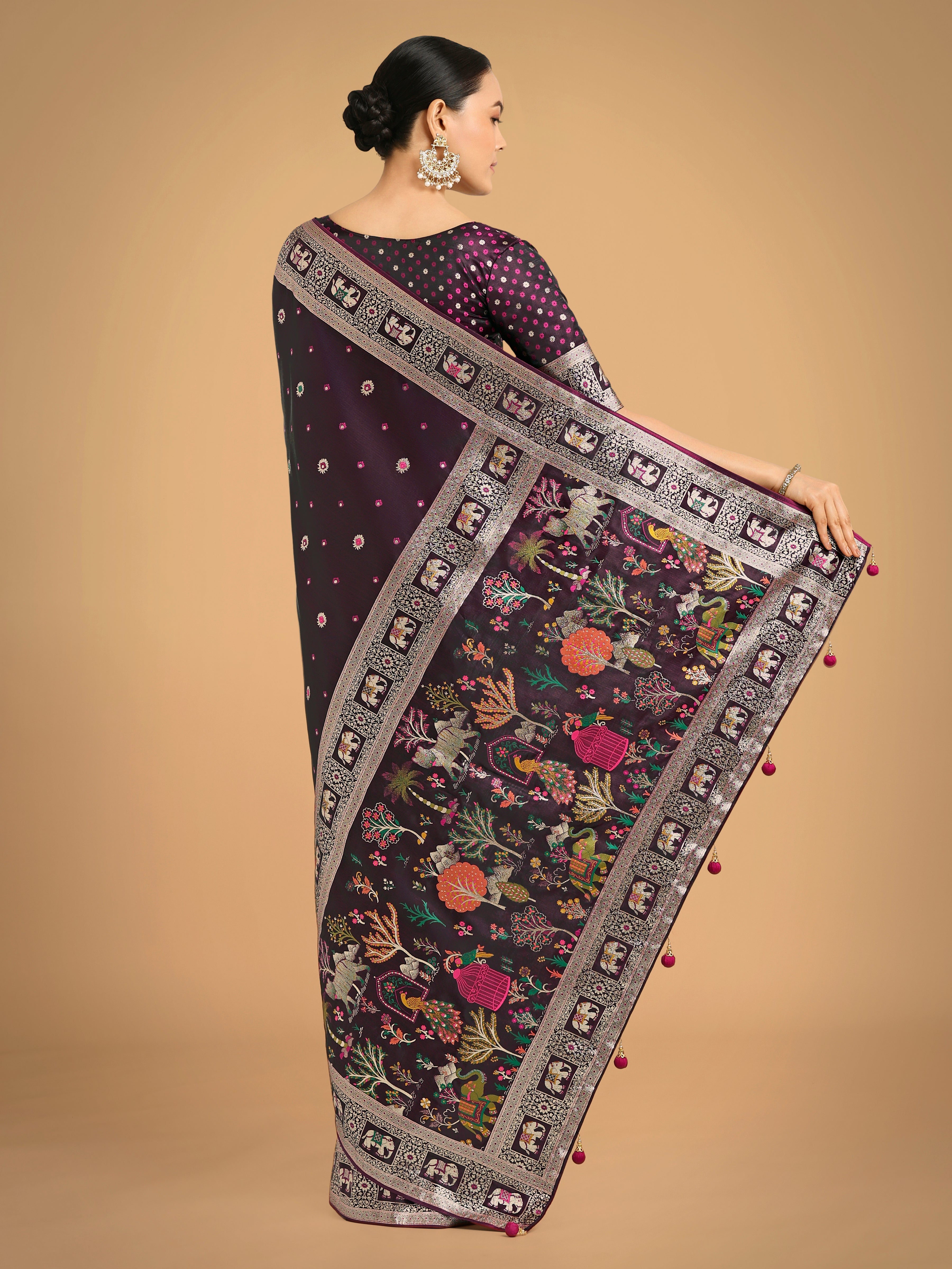 Gorgeous Wine Woven Banarasi Designer Satin Silk Saree