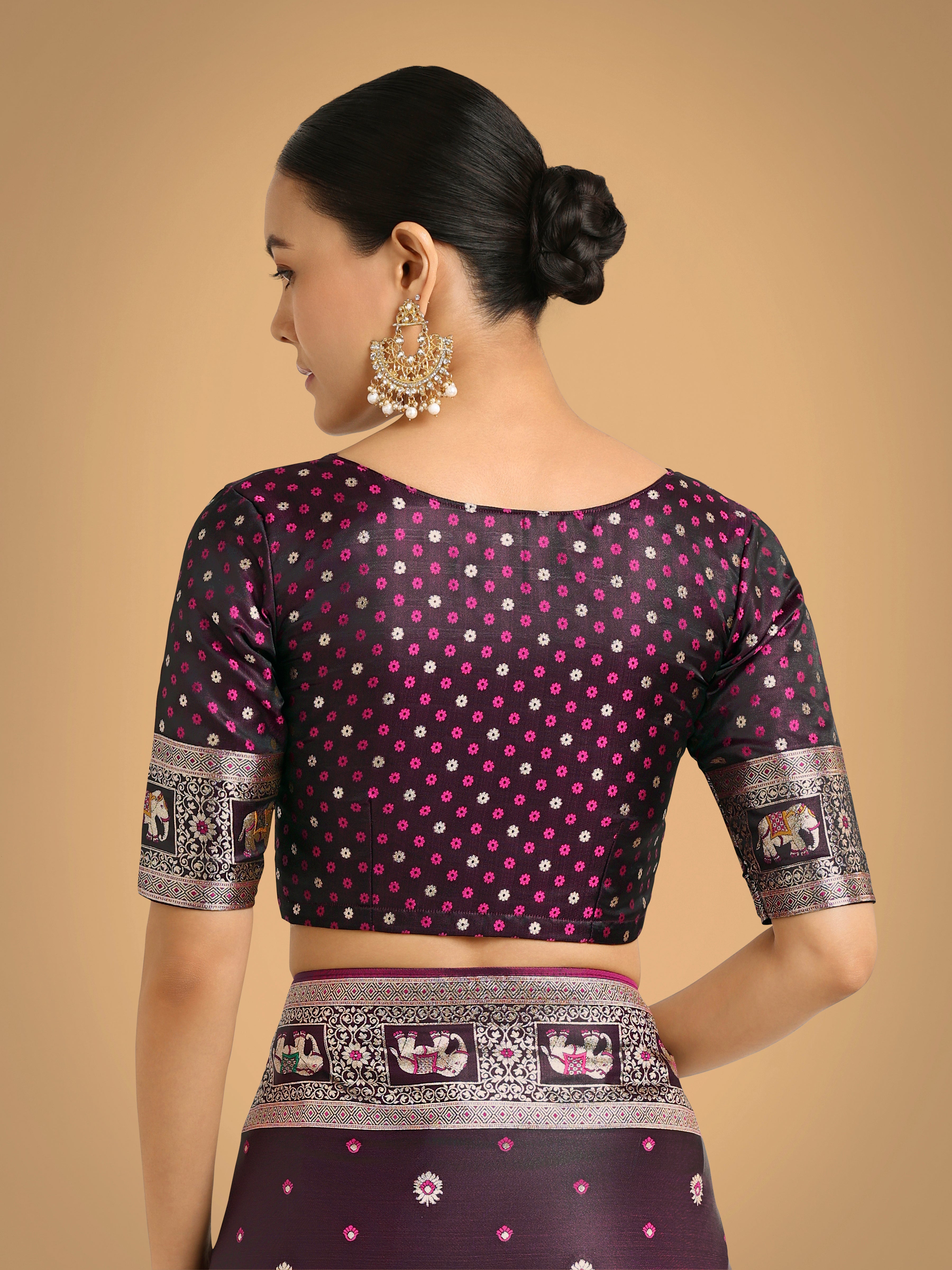 Gorgeous Wine Woven Banarasi Designer Satin Silk Saree