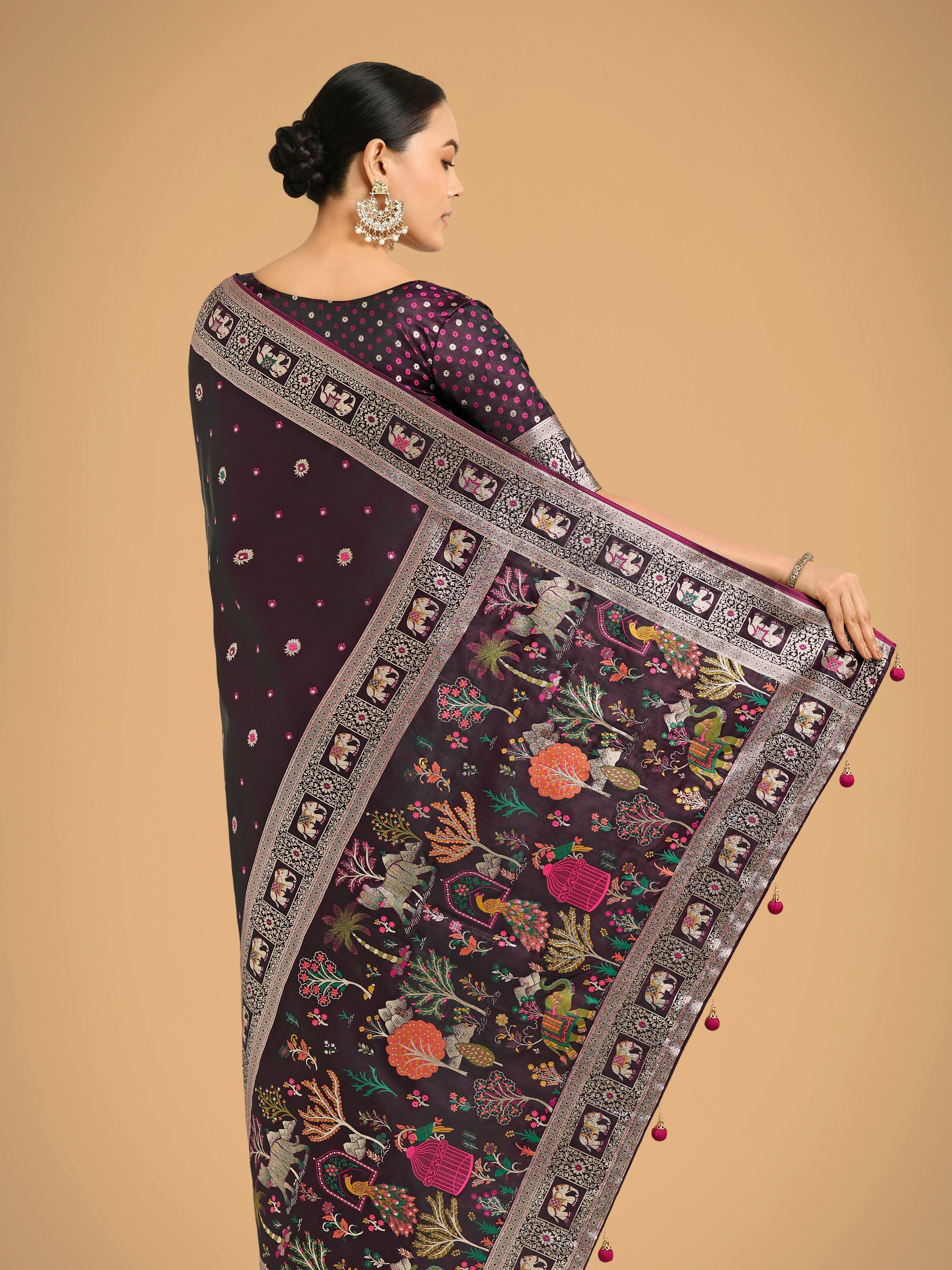 Gorgeous Wine Woven Banarasi Designer Satin Silk Saree