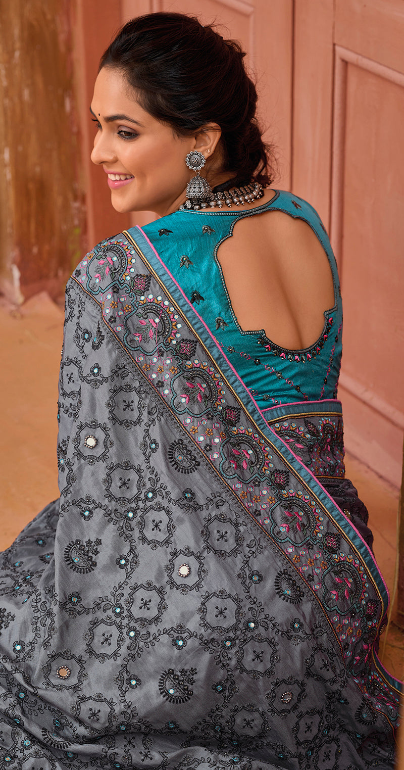 Gray Banarasi Silk Kachhi Work Saree With Contrast Blouse
