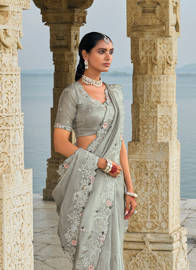 Gray Banarasi Silk Saree with Intricate Embroidered Work
