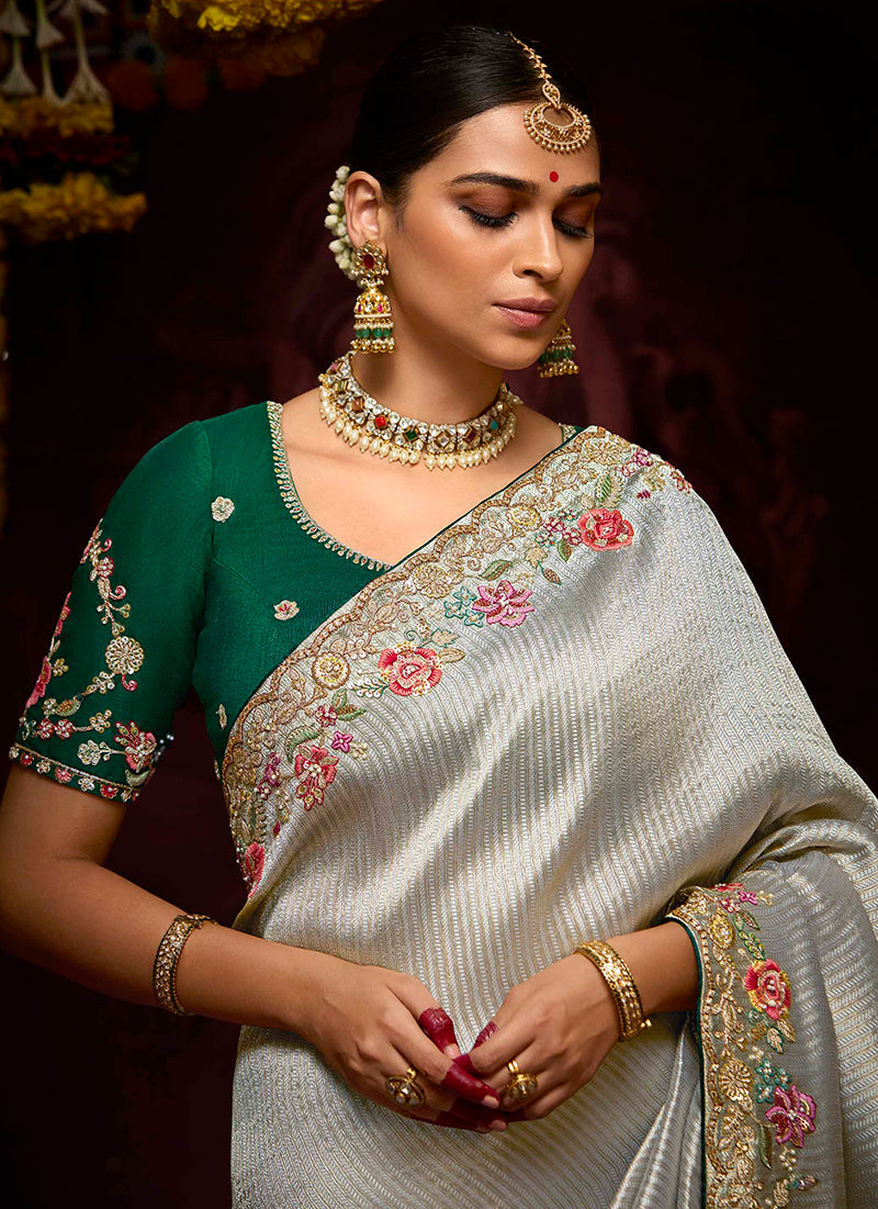Gray Banarasi Silk Zari Woven Embroidered Saree With Contrast Blouse