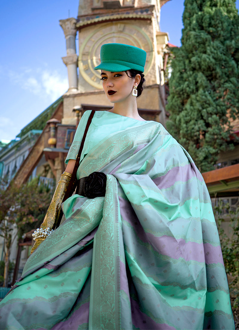 Turquoise Katan Silk Saree with Traditional Zari Weaving