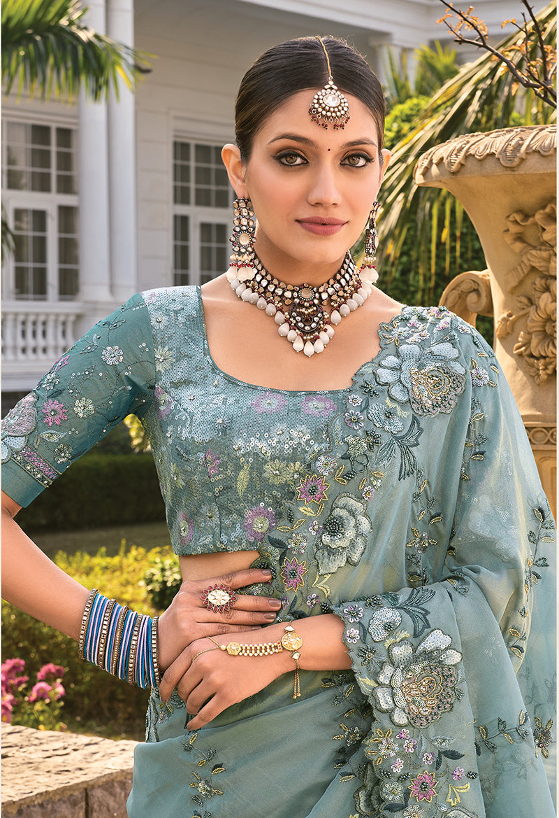 Gray Organza Silk Sequins & Thread Work Stylish Saree