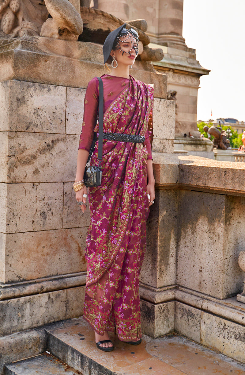 Magenta Embellished Organza Woven Contemporary Saree