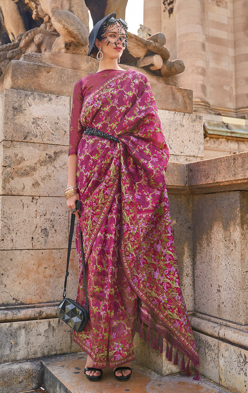 Magenta Embellished Organza Woven Contemporary Saree