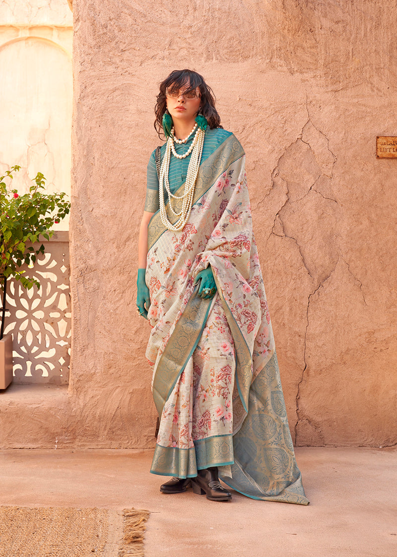 Beige Ethnic Motif Printed Georgette Saree with Zari Weave