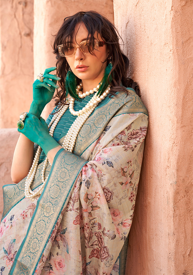 Beige Ethnic Motif Printed Georgette Saree with Zari Weave