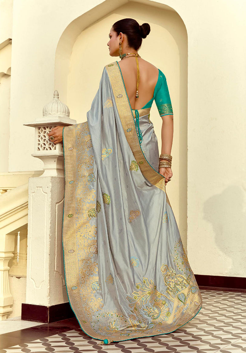 Gray Silk Saree with Rich Zari Weaving & Contrast Blouse